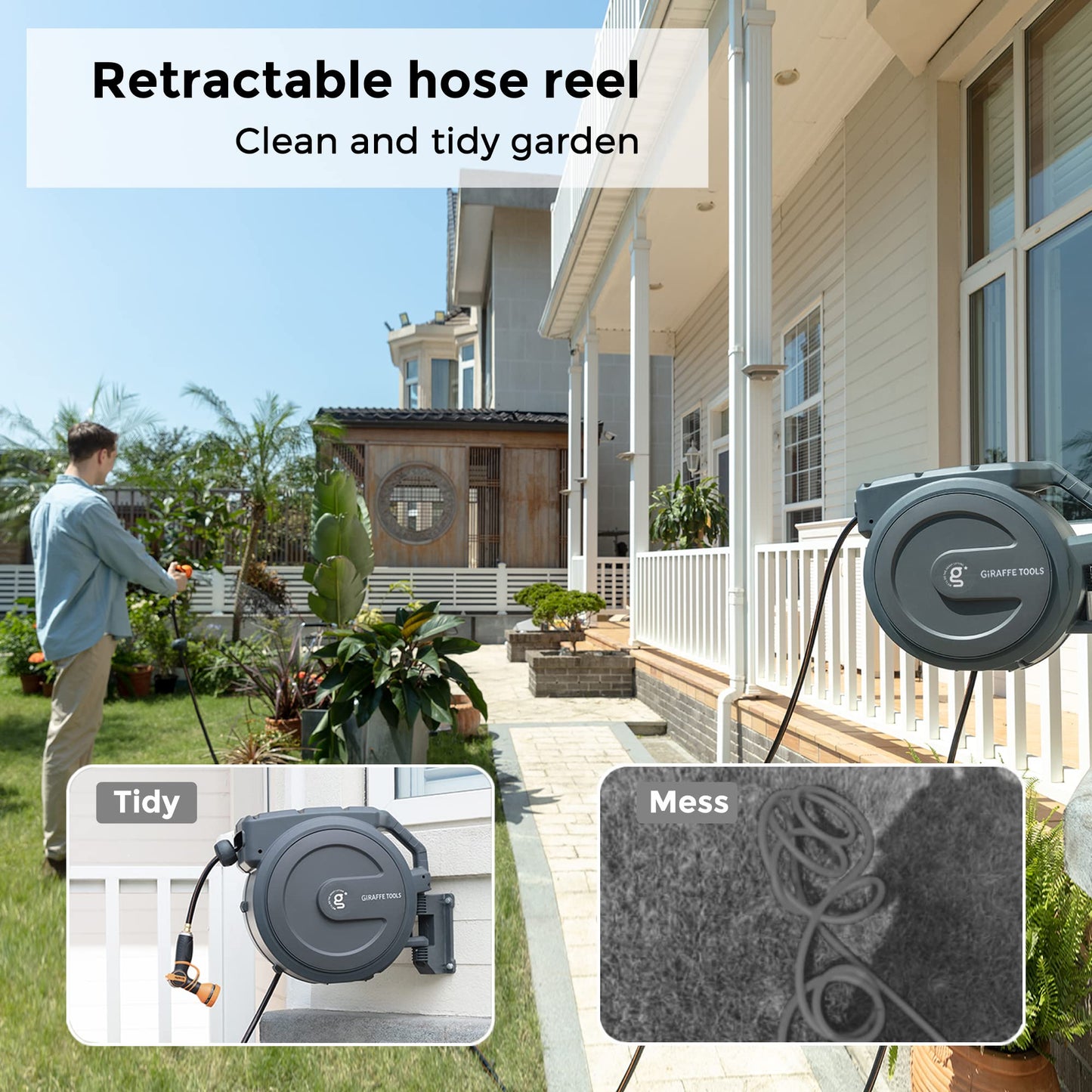 Giraffe Tools Retractable Hose Reel 1/2 in x130 FT PRO Metal Bracket Wall Mounted Heavy Duty Hose Reel with 9 Pattern Nozzle 180 Deg Swivel, Metal Bracket Any Length Lock (1/2 130FT PRO, Dark Grey)