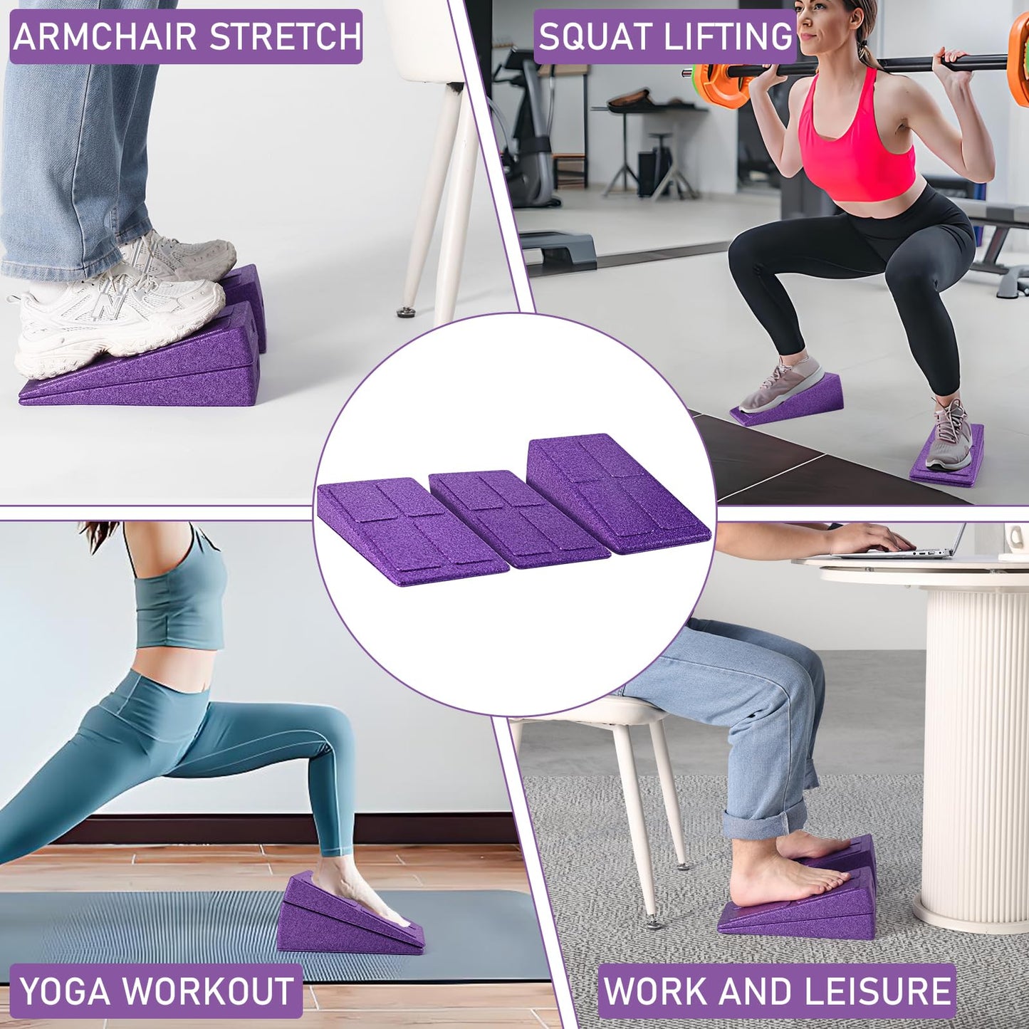 Slant Board Squat Wedge for Calf Stretching，3 Pcs 12" x 6.3" Foot Stretcher Balance Board for Plantar Fasciitis, Adjustable Foam Slant Board Wedge Great for Exercises (Purple)