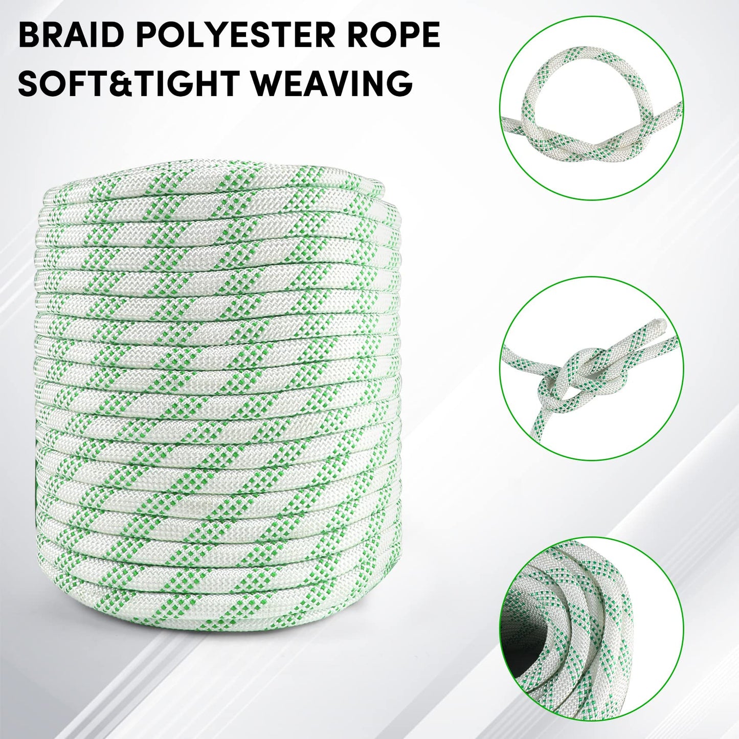 VEITHI 3/8 inch x 164 ft Braid Polyester Rope,Arborist Rigging Rope 3520lbs Breaking Strength Strong Pulling for Climbing,Camping,Sailing,Swings, etc. (White-Green)