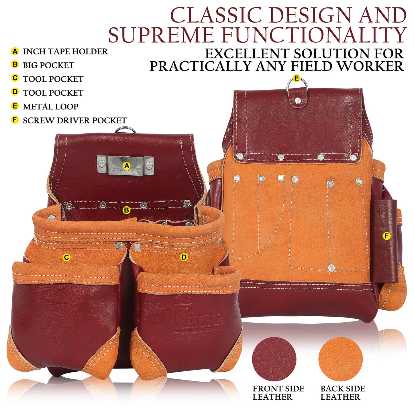 TRUTUCH Grain Leather Tool Belt | Tool Rig Set | Tool Pouch | Drywall | Carpenter Tool Bag | Leather Tool Belts for Men | Construction | Framers | Electrician (Maroon)