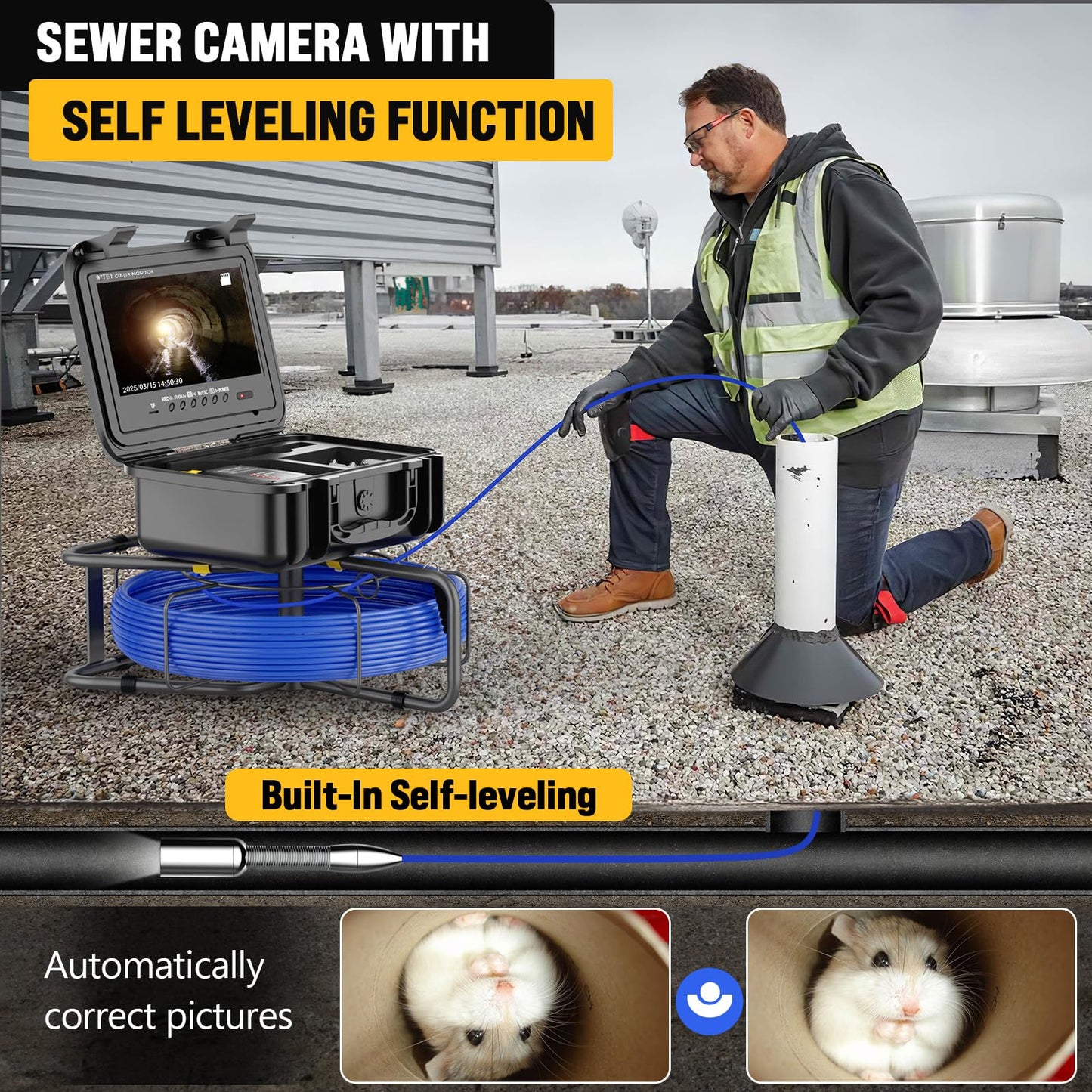 Sewer Camera 200FT with Locator and Receiver Sets with Distance Count, Self-Leveling, 512Hz Sonde IP68 Waterproof Cam, 9" Pipe Drain Inspection with 12pcs Light, DVR with 32GB Card, 7mm Cable
