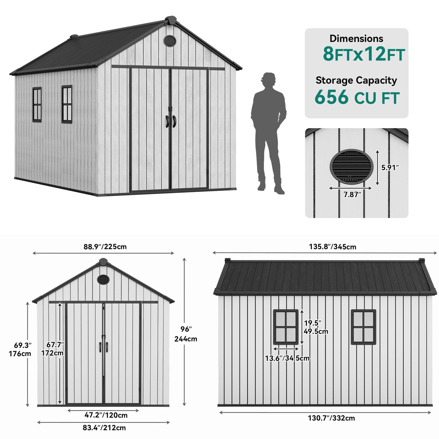 YITAHOME 8x12 FT Outdoor Storage Shed with Floor, Waterproof Extra Thick Plastic Garden Shed with Lockable Doors, 2 Vision Windows Vents, 16mm Heavy Duty Tool Shed for Bikes, Patio or Backyard, Gray