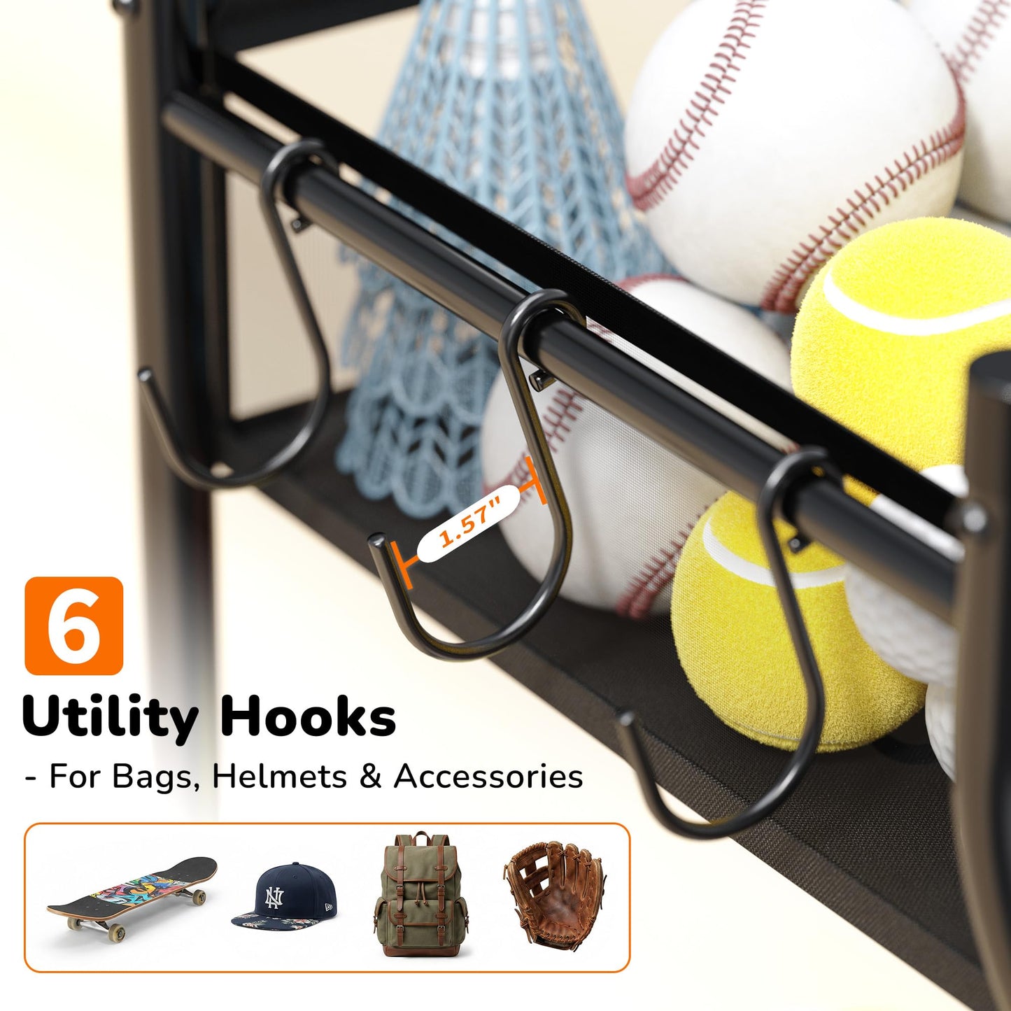 CACHOLIV Garage Sports Equipment Organizer with Wheels - Garage Ball Storage with Elastic Rope and 6 Hooks - Home Gym Storage for Basketball Soccer - Outdoor Storage Rack for School Playground (Black)