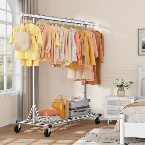 Gewudraw Heavy Duty Clothes Rack - Adjustable Portable Garment Rack with Sturdy Wheels & Shelves | 630 lbs Capacity, Chrome Stainless Steel