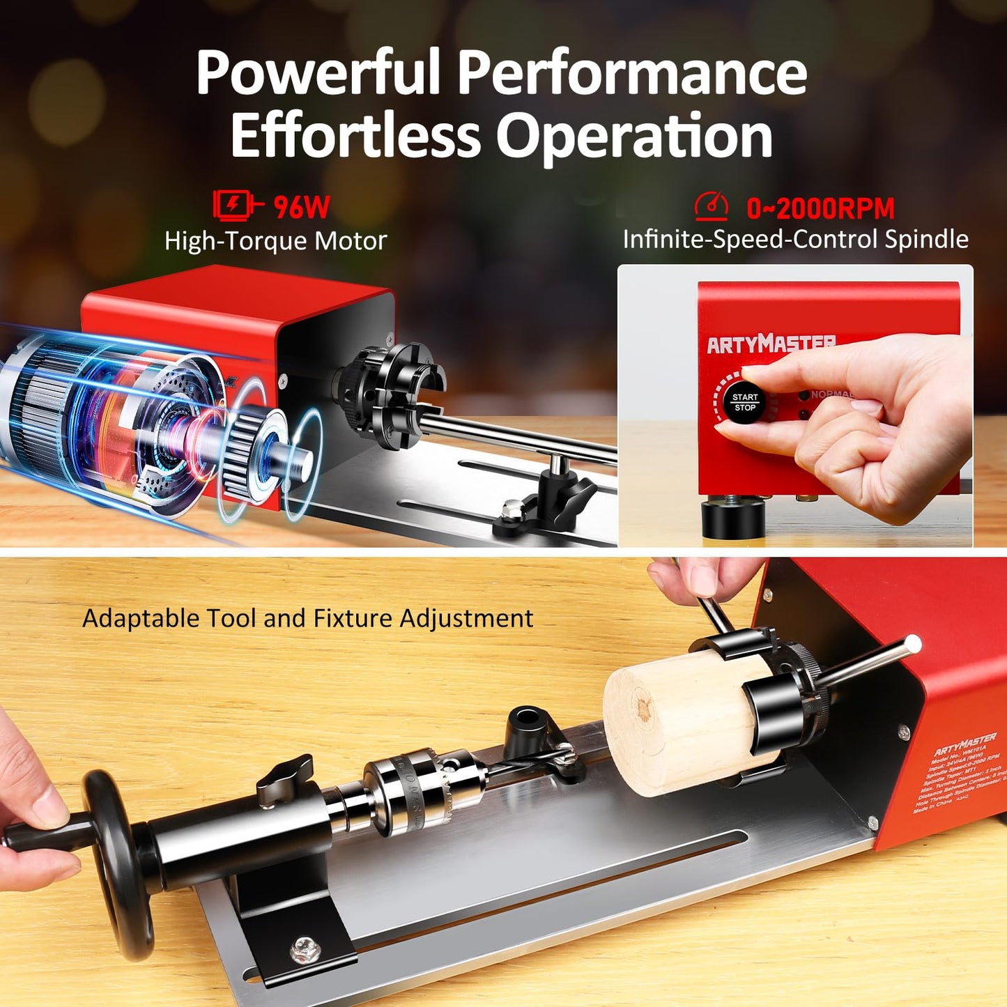 Mini Lathe, WM101A Mini Wood Lathe Machine, 24VDC 96W Power Lathe, Small Benchtop Lathe with Wood Turning Lathe Tools Kits, Infinitely Variable Speed, Professional for DIY Woodworking.