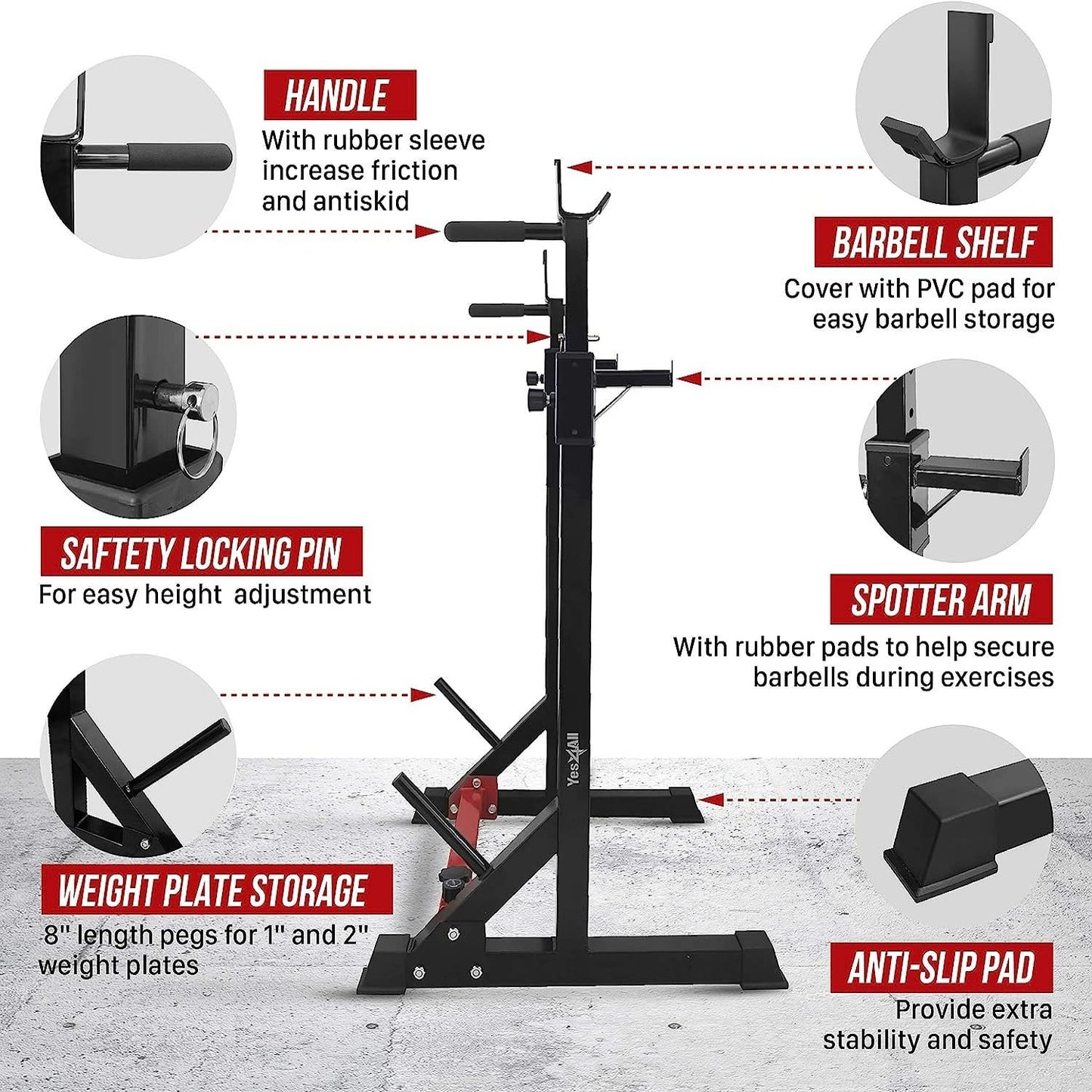 Yes4All Adjustable Barbell Rack, Multi-Function Squat Rack, Weight Lifting Home Gym, Dip Bar Station, Bench Press Rack Stand, Weight Plate Storage, Capacity Up to 550LBS