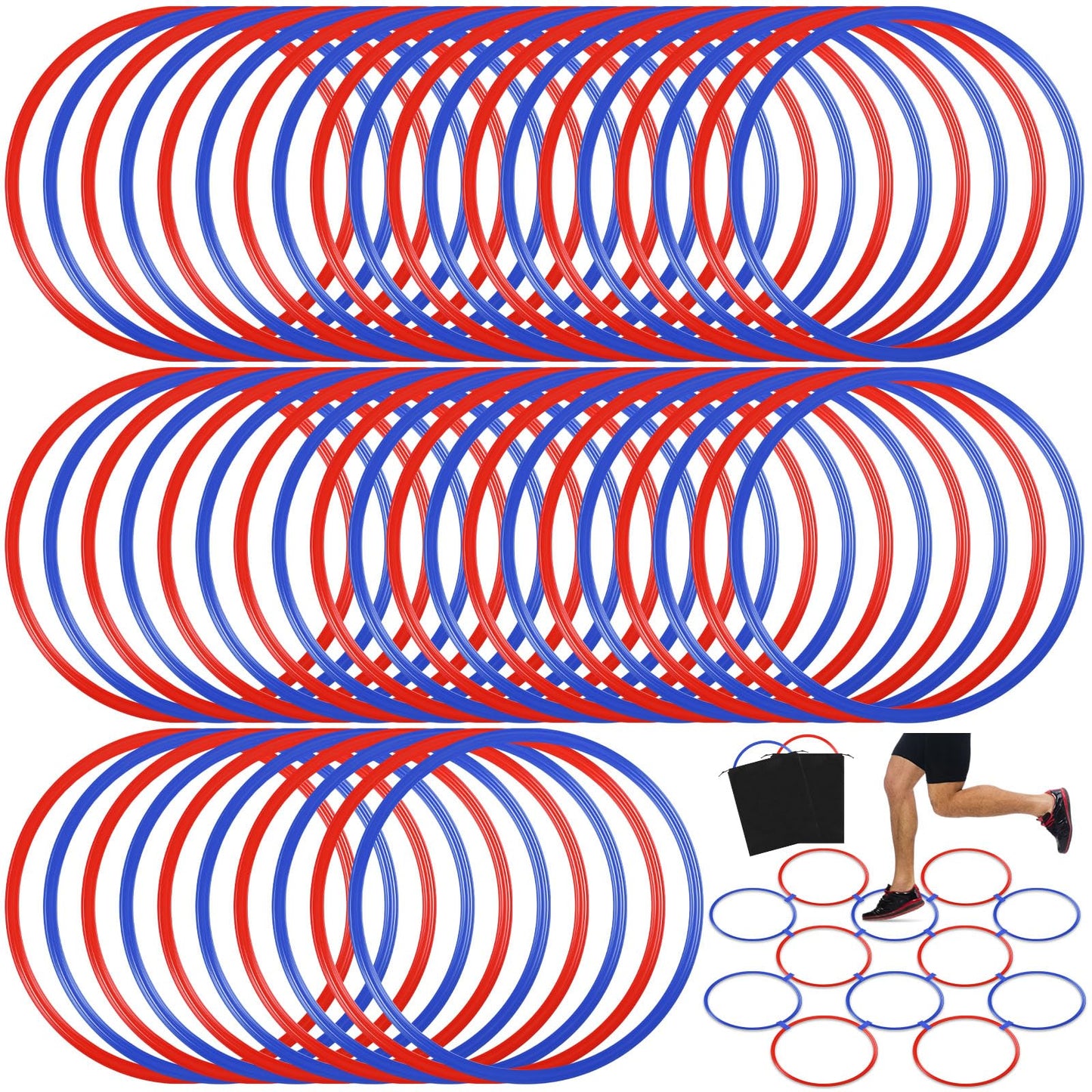 Shappy 50 Pcs Agility Rings with Storage Bags 15 Inch Agility Exercise Rings Training Hoops Plastic Speed Jumping Hoops for Gymnastics Sports Soccer Football Practice Games(Red, Blue)