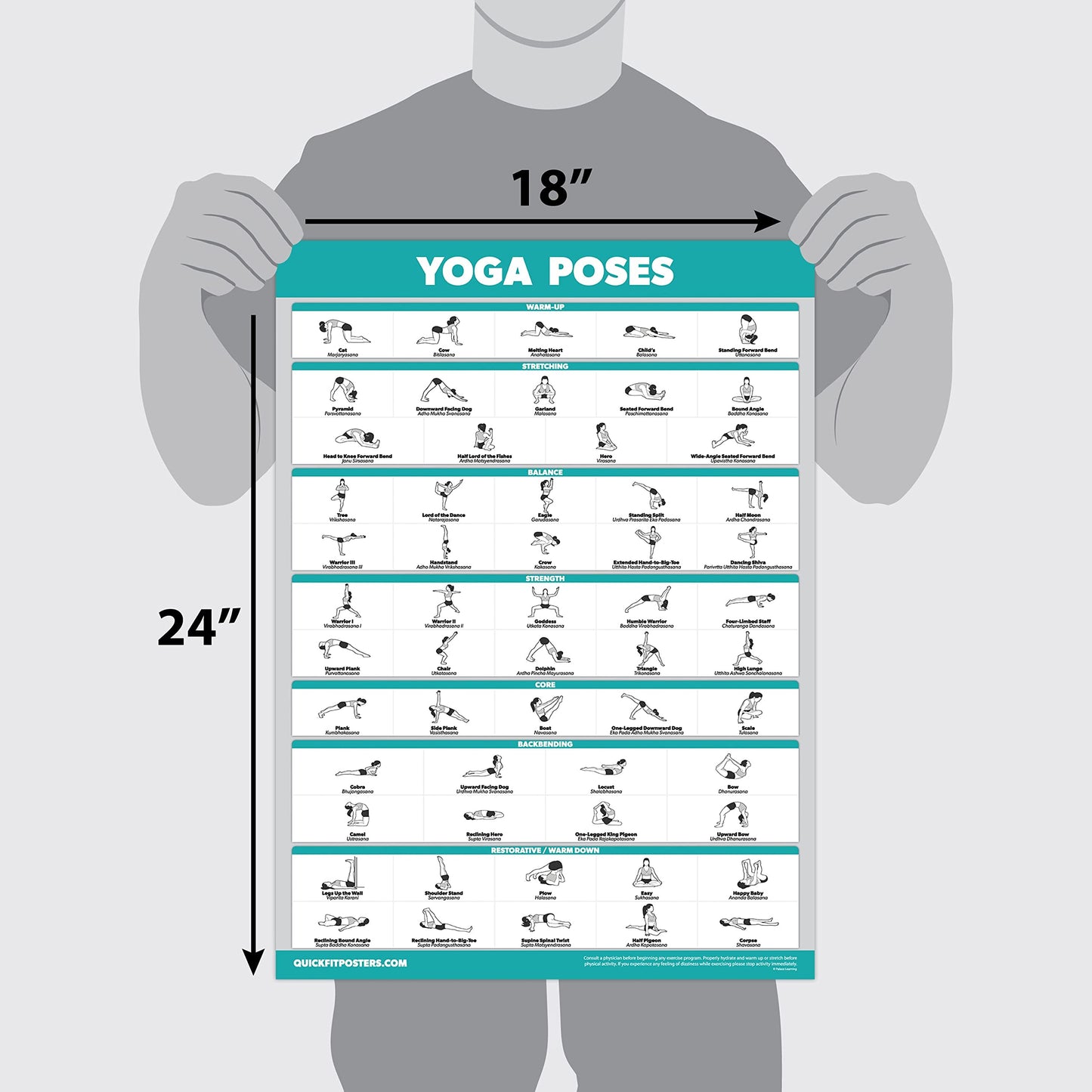Quickfit 3 Pack - Yoga Poses + Stretching Exercises + Pilates Mat Work Poster Set - Set of 3 Workout Charts (LAMINATED, 18" x 24")