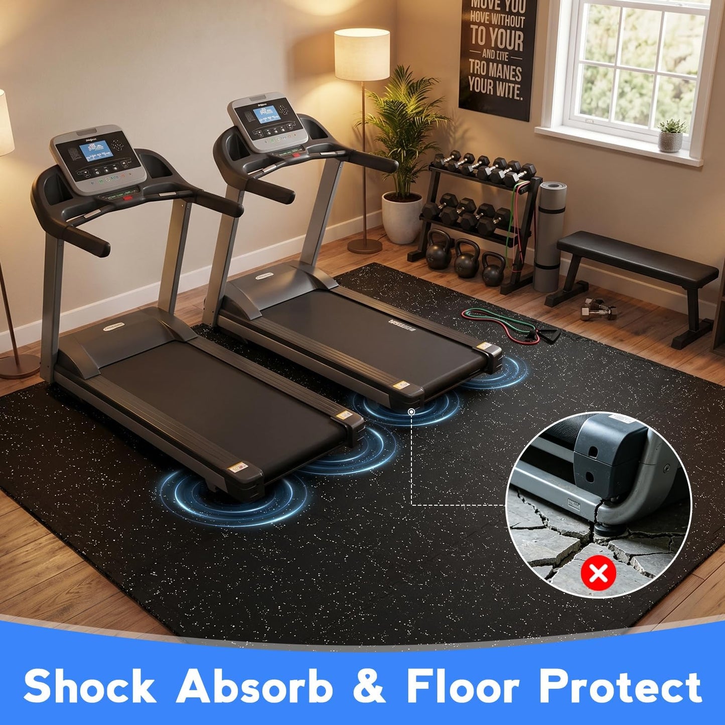 Rubber Gym Floor Mats, 12 Tiles 48 Sq Ft, 0.56" Thick Heavy Duty Gym Flooring for Home Gym, Exercise Equipment Mat for Treadmill, Weightlifting & Workout Area, Non-Slip Protective Flooring