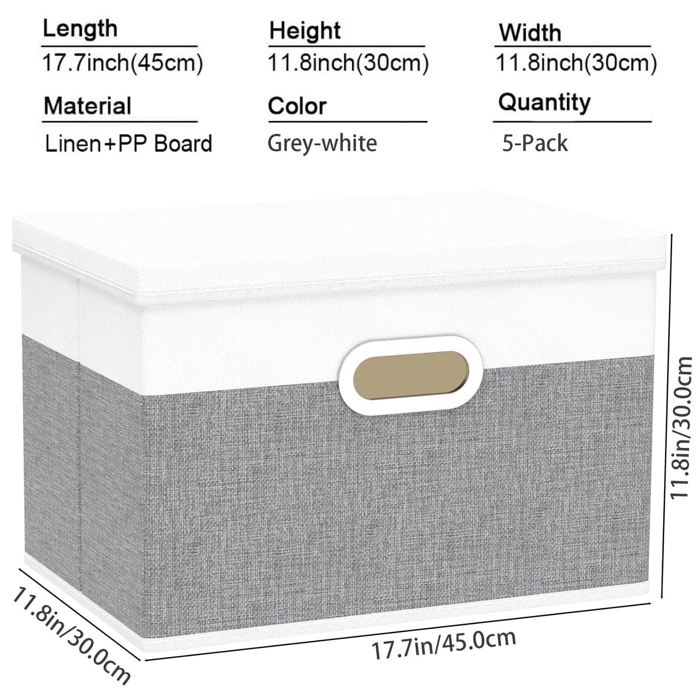 Yawinhe Fabric Storage Bins with Lids, Decorative Boxes with 2 Metal Handles, Waterproof Cube Organizer Basket, Closet Containers, White/Gray, 17.3''Lx11.8''Wx11.8''H, 5-Pack