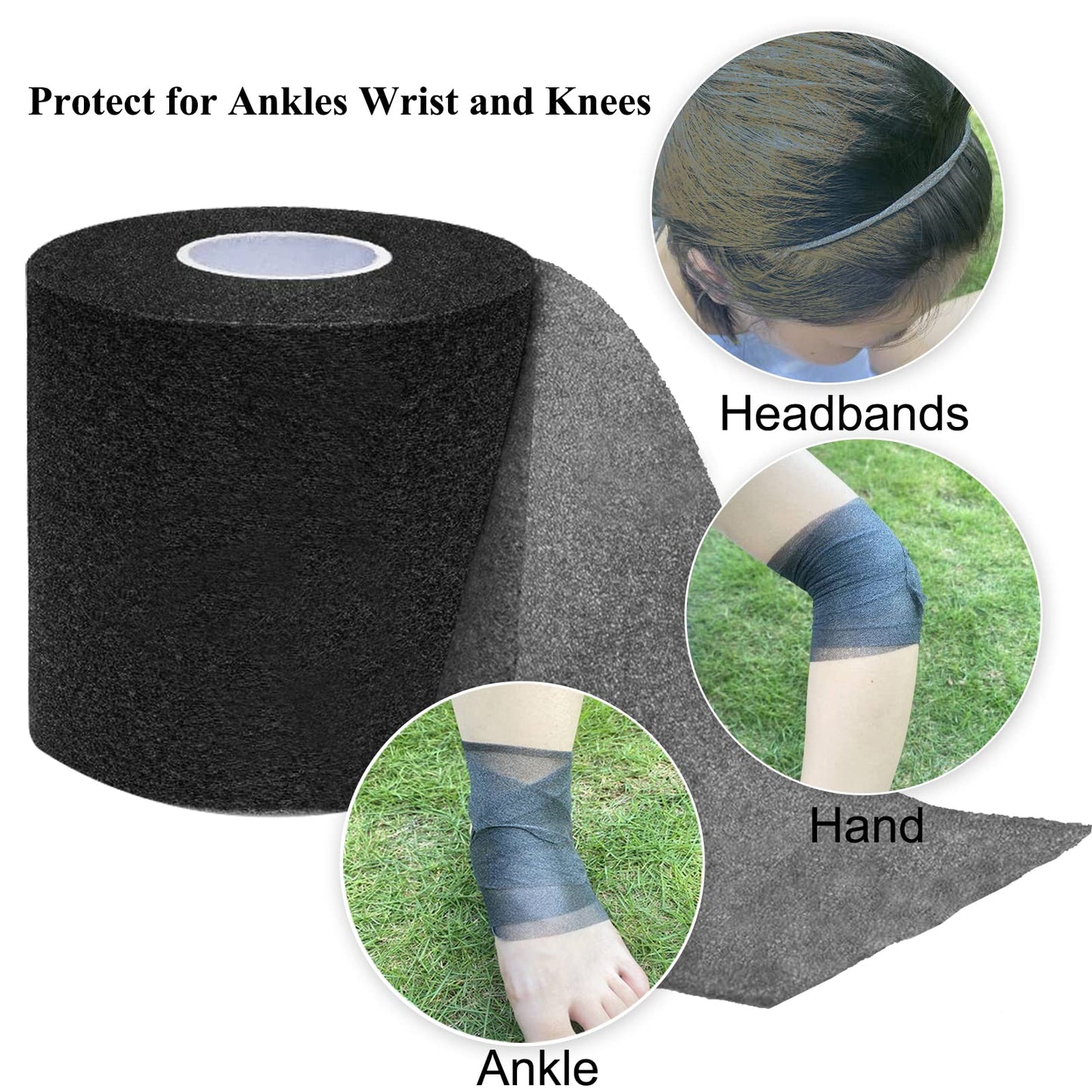 ADMITRY Pre Wrap Tape Athletic,3 Rolls X 22 Yards Black Prewrap,Headbands for Hair,Foam Underwrap Sports Wrap