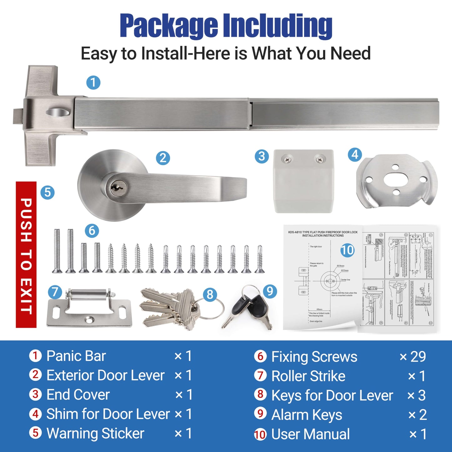 304 Stainless Steel Panic Bars for Emergency Exit Doors with Alarms - 25.5” Commercial Door Push Bar Panic Exit Device with Exterior Lever Handle, Panic Door Hardware for 26”-41”Wooden/Metal Doors