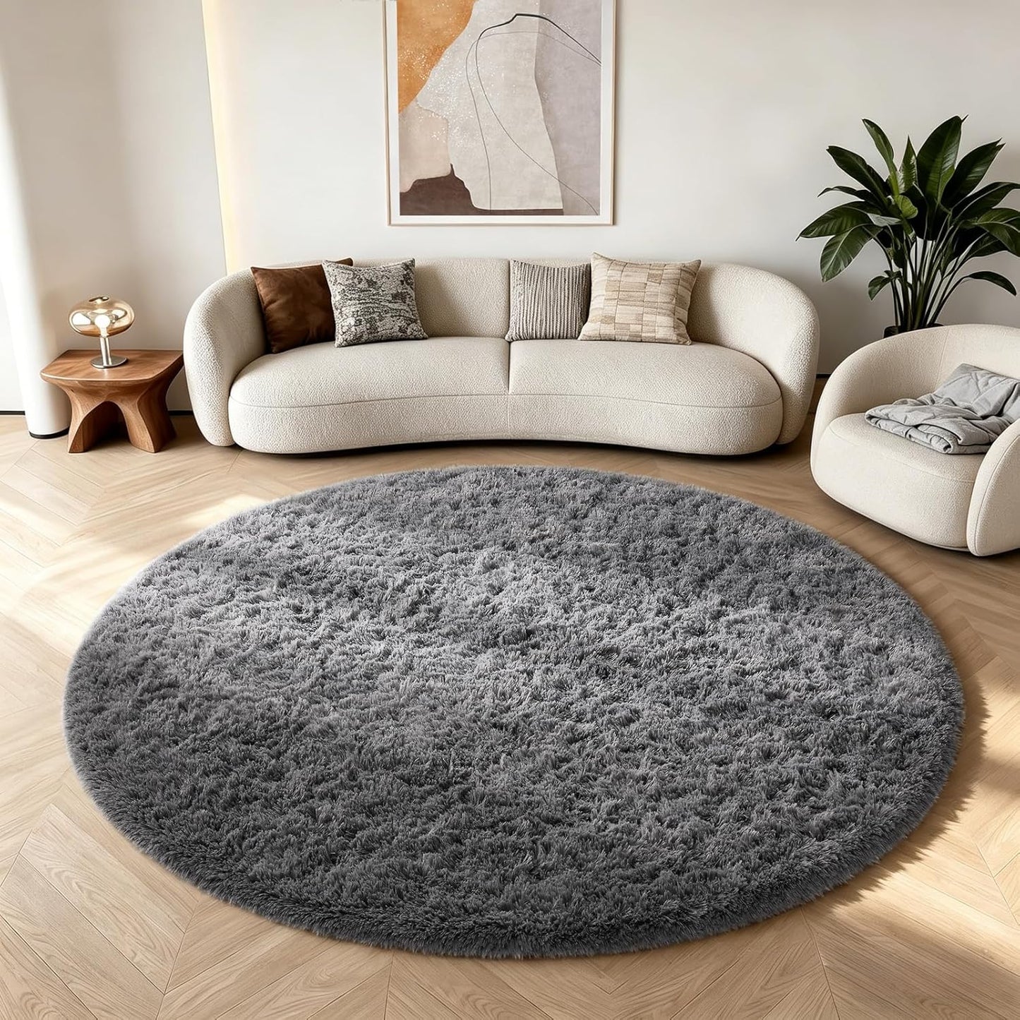 Ophanie Round Rug - 6Ft Grey Circle Area Rug | Fluffy Plush Shag Carpet for Bedroom & Nursery Decor