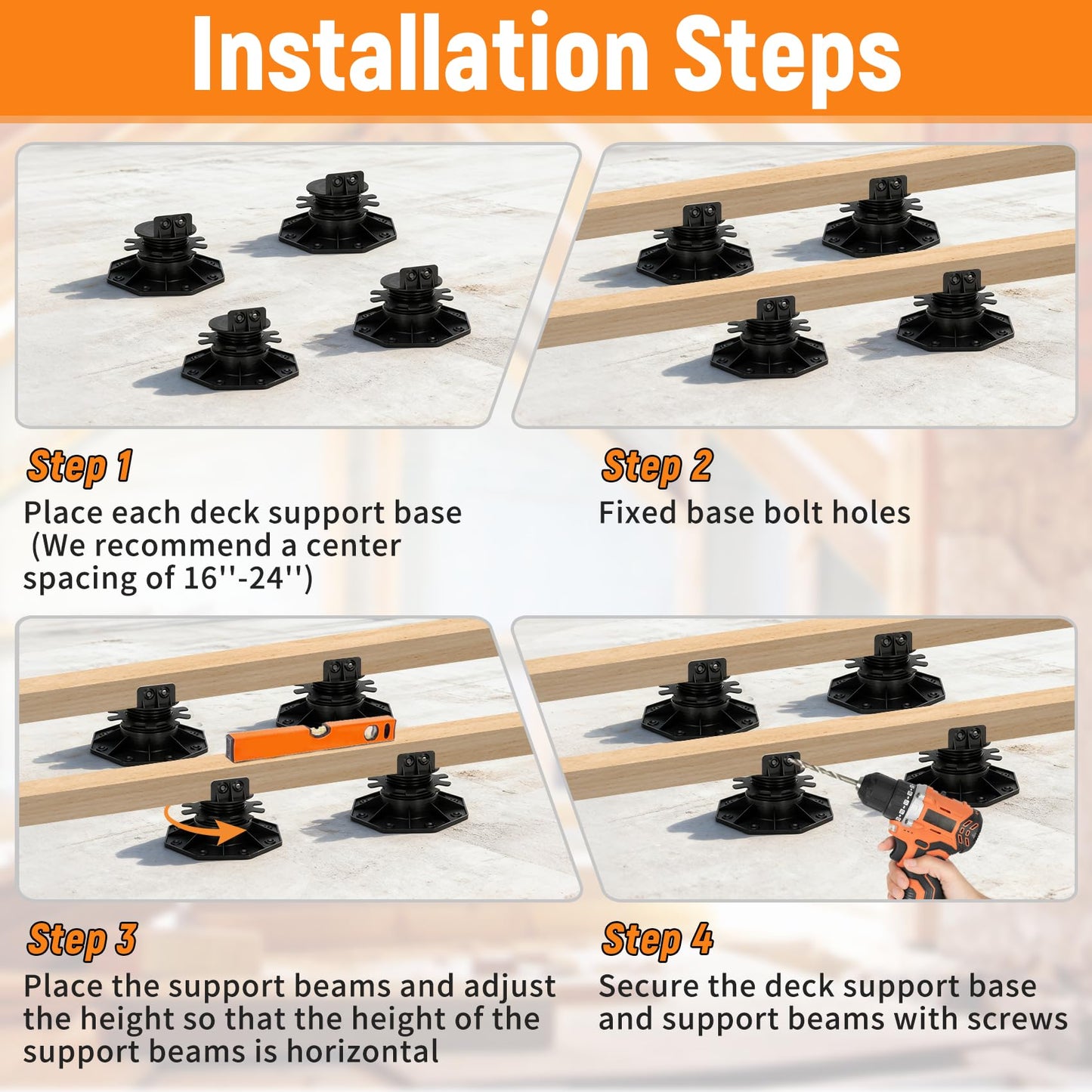24 Pack Deck Support Pedestal with Joist Tape, Deck Support Plastic Adjustable Height from 1-3/16“ to 2-3/8”, Adjustable Deck Support for WPC Floating Deck Platforms (Unilateral Keel Slot)