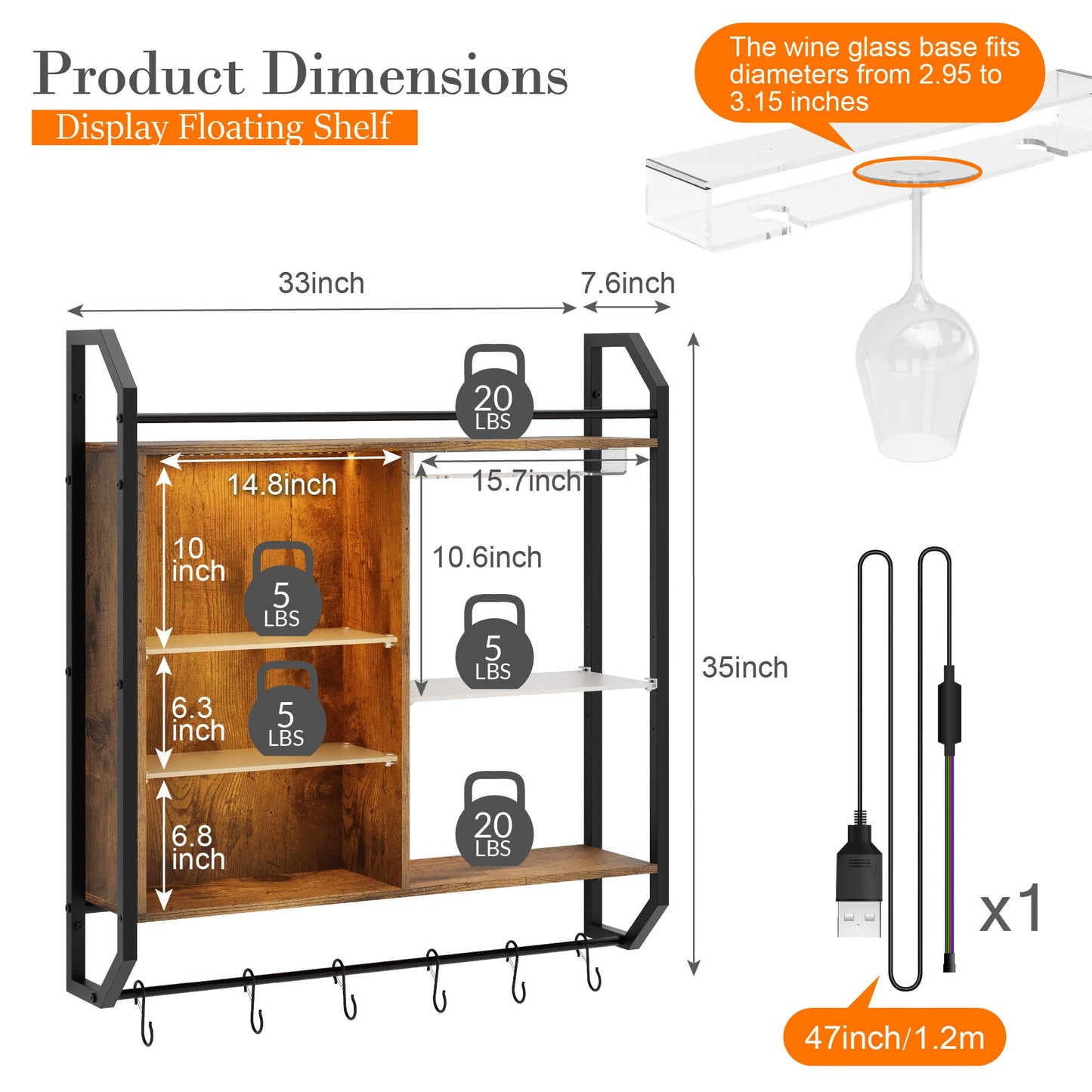 Wall Mounted Rack with LED Lights and Glass Holder, Floating Shelves with 6 S-Hooks,Hanging Wine Glass Rack for Coffee Bar,Home Decor,Gaming Shelf, Hanging Display Rack Bookshelf, Teen Boys Bedroom