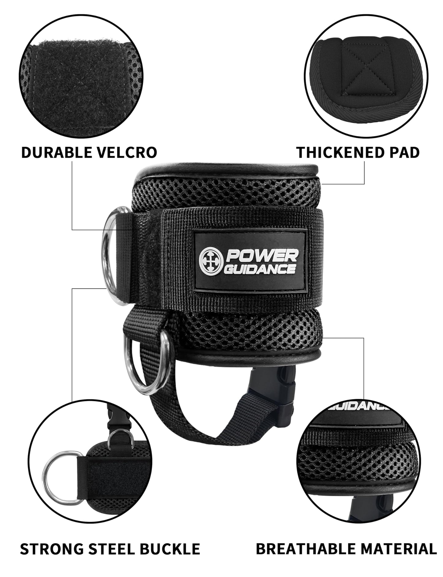 POWER GUIDANCE Ankle Strap for Cable Machine Professional Kickback Ankle Strap for Glute Workouts, Leg Extensions - Adjustable Strap with D-rings