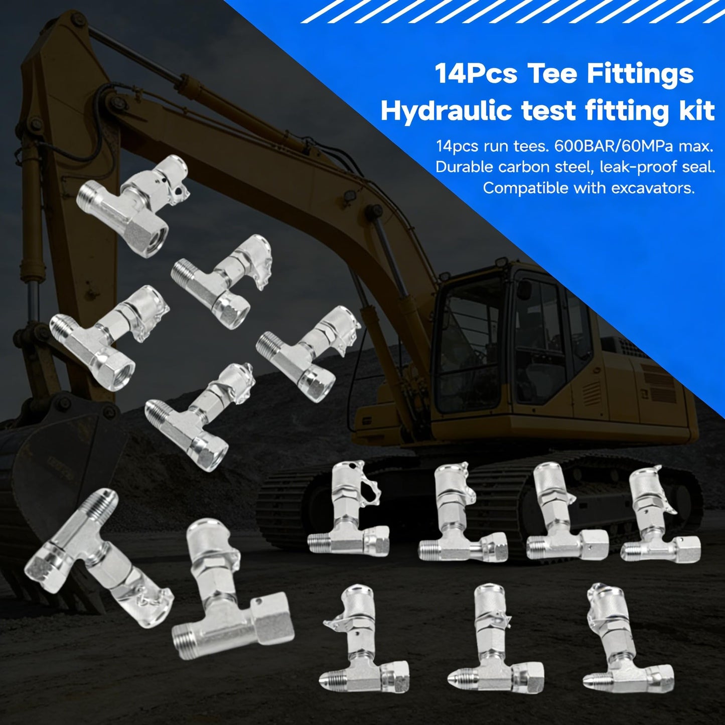 SINOCMP 14Pcs Tee Fittings Hydrulic Presure Test Connector Set Coupling, Hydraulic Test Fittings for Construction Machinery Excavator