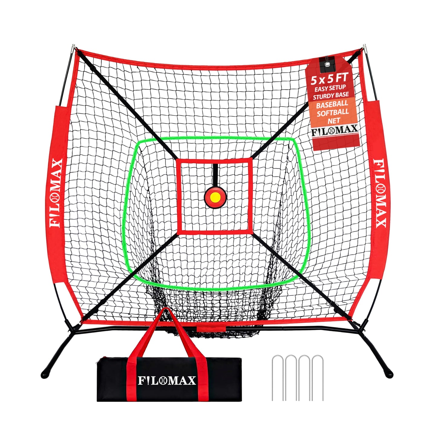 5x5 FT Baseball & Softball Practice Net with Red Strike Zone & Target | Youth Baseball & Softball Training Net for Hitting, Pitching, Batting |for Accurate Throwing Practice,Includes Carry Bag.