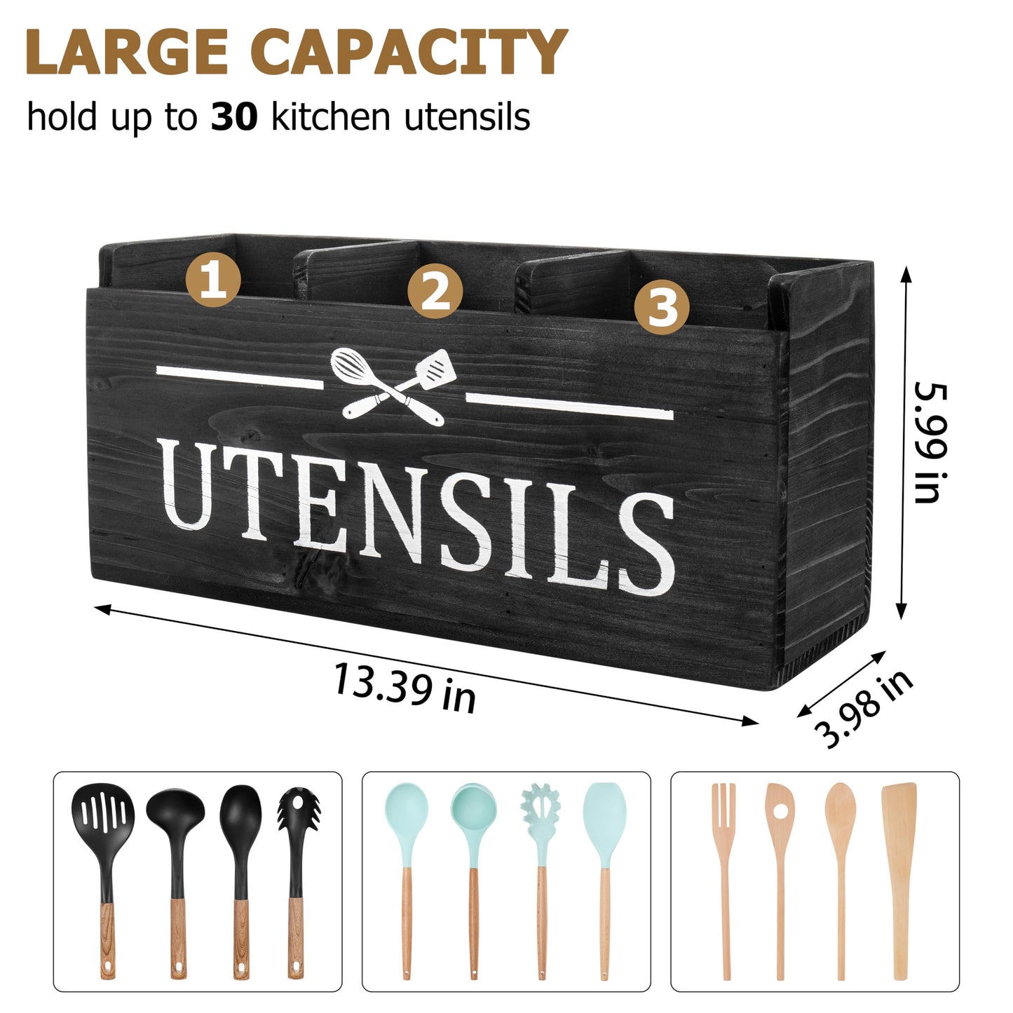 RedCall Wooden Kitchen Utensil Holder for Counter-top,Large Utensil Organizer for Storage Cooking Tool and Silverware,Extra Large Rustic Wood Container (Black)