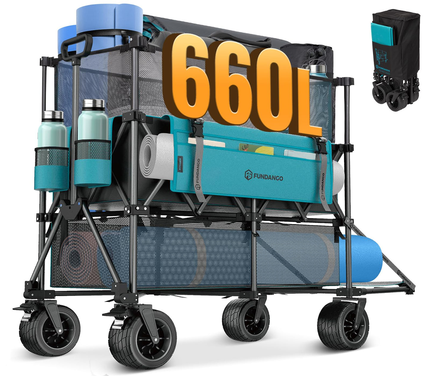 FUNDANGO Double Decker Wagon with High Extender & Tailgate, 660L XXL Foldable Collapsible Double Wagons, Heavy Duty Grocery Cart with All-Terrain Wheels for Camping, Baseball/Softball Gear, Home