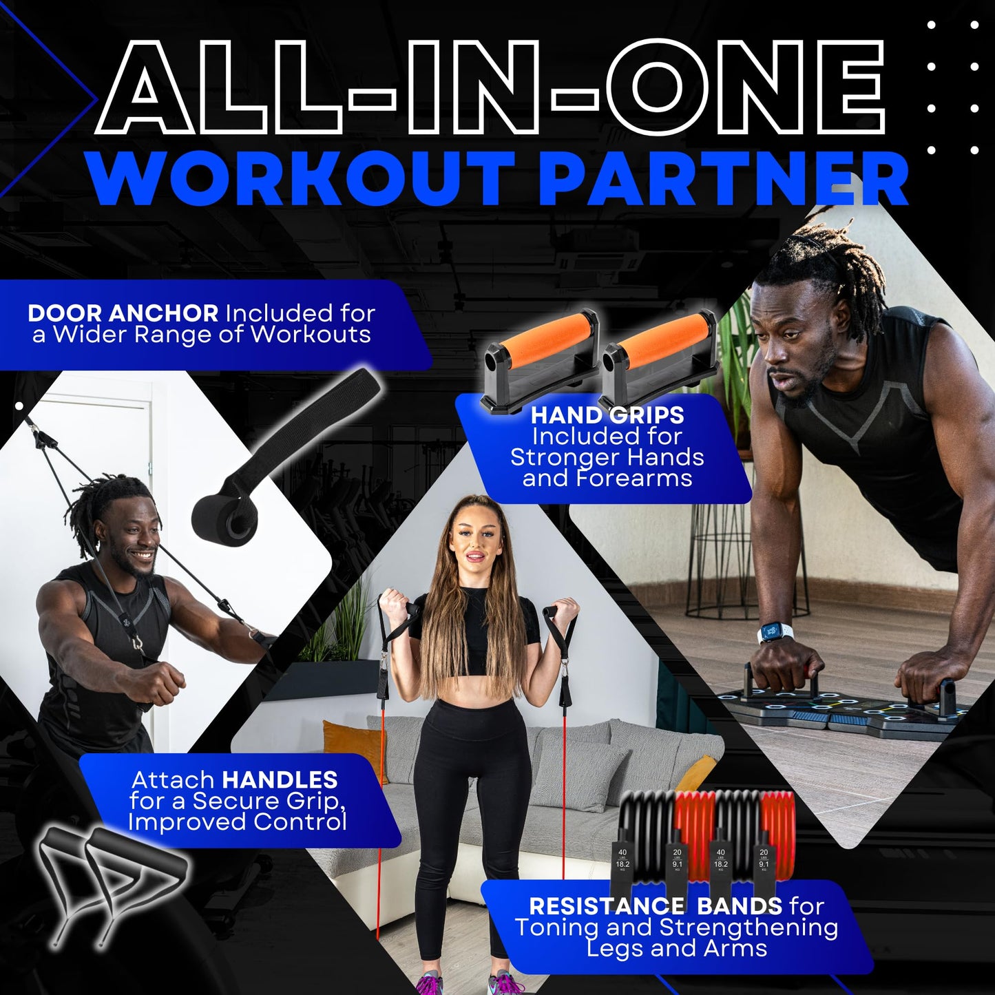 Push Up Board for Full Body Workout - Versatile Home Workout Equipment with QR Code Guided Workouts, Sweat Resistant Handles, Resistance Bands, Perfect for Beginners to Pros - L&C Exercise Essentials
