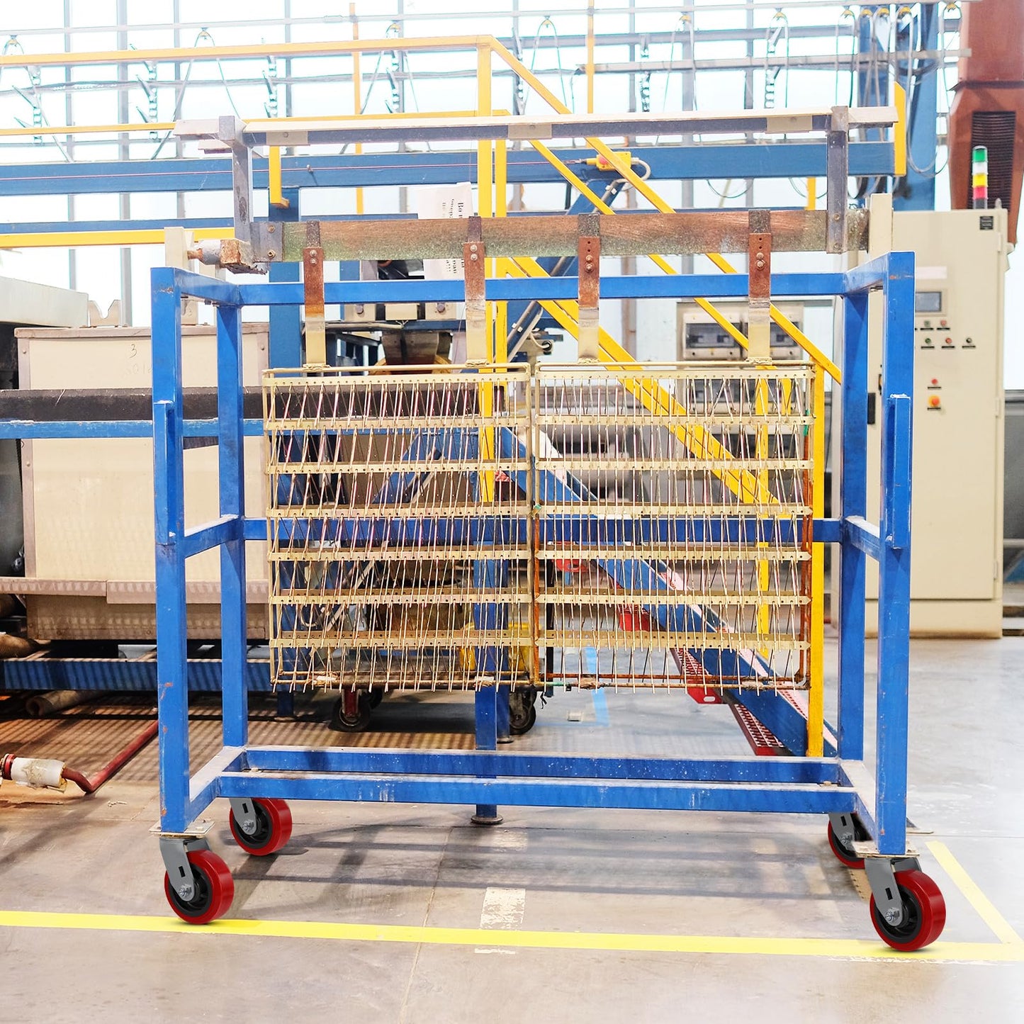 5 Inch Caster Wheels, Polyurethane on Polyolefin Core Wheel- Capacity up to 1000 Lbs Per, Use for Platform Truck, Industrial Equipment (1 Brake)