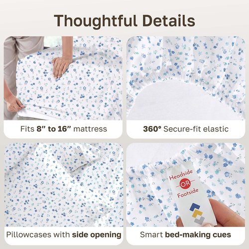 California Design Den King Size Cotton Sheet Set - 100% Soft, 400 TC, Deep Pockets, Floral White/Blue