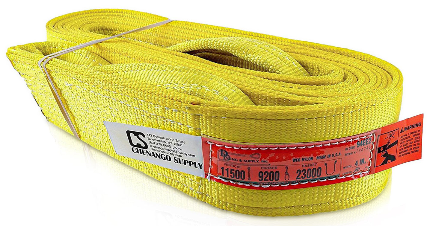 DD Sling 4" x 20' Nylon Lifting Sling – USA Made, 11,500 lb Vertical, 9,200 lb Choker, 23,000 lb Basket – 2-Ply Heavy Duty 900 Webbing, Type 4 Twisted Eye & Eye Rigging Sling, Safety Orange