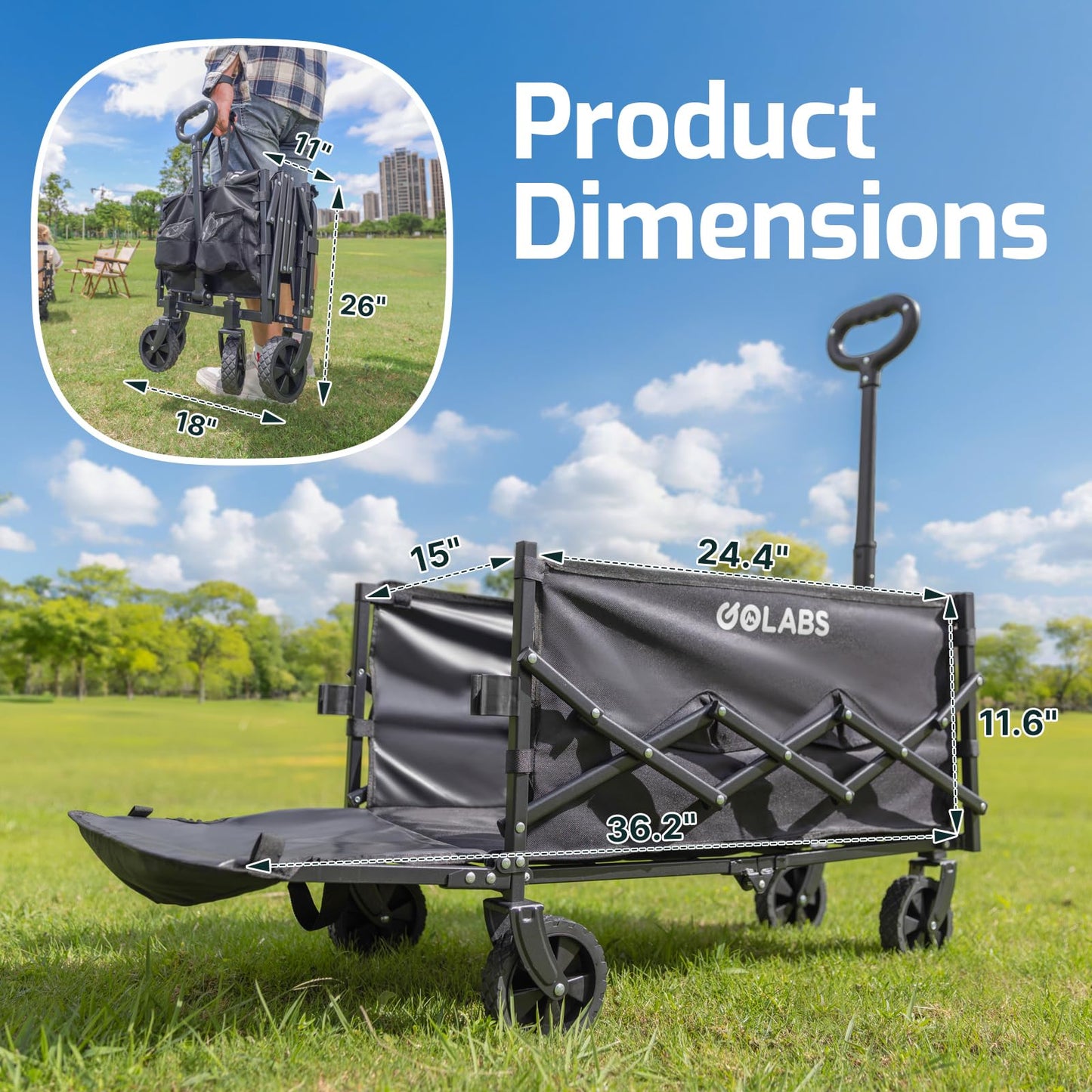 Golabs Collapsible Wagon Cart Max 350lb Load & Expandable Storage 100L, Double Bearing Design for Flexible Steering, Foldable Heavy Duty Garden Cart with 2 Cup Holders for Groceries, Garden & Camping