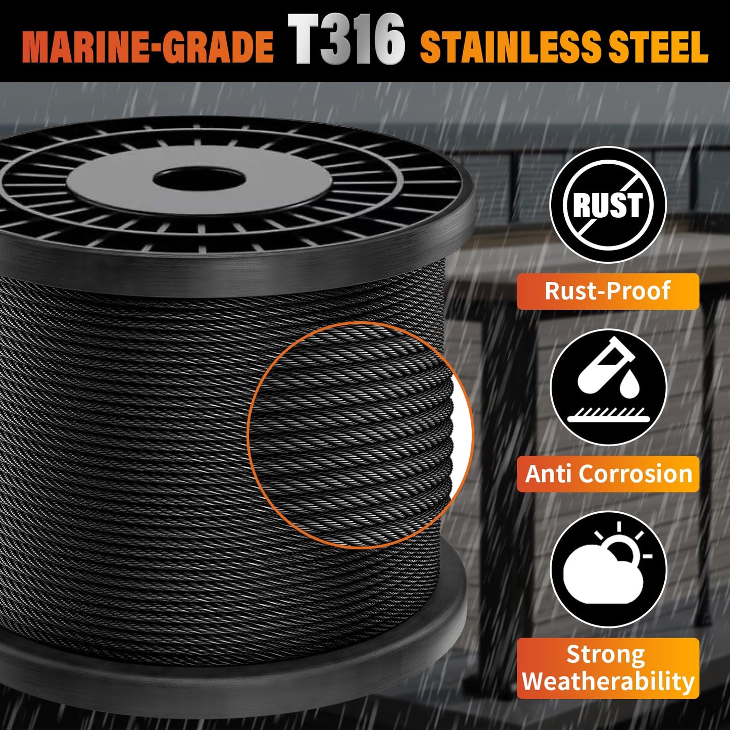 Black Stainless Steel Cable for Railing - 500FT 1/8" T316 Wire Rope for Deck Cable Railing System Kit