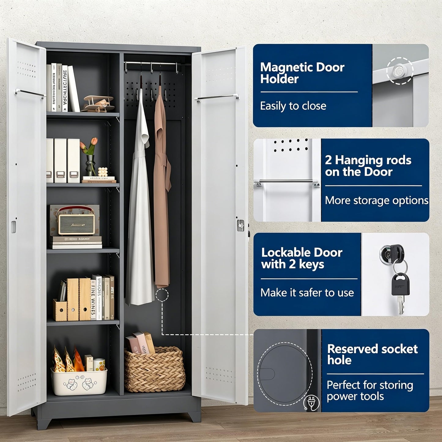 NICEGDLT Metal Storage Cabinet 72" Tall, Garage Storage Cabinet with Lockable Doors & Shelves, Utility Broom Closet, Steel Tool Cabinet for Garage, Laundry Room, Home Office, Grey/White