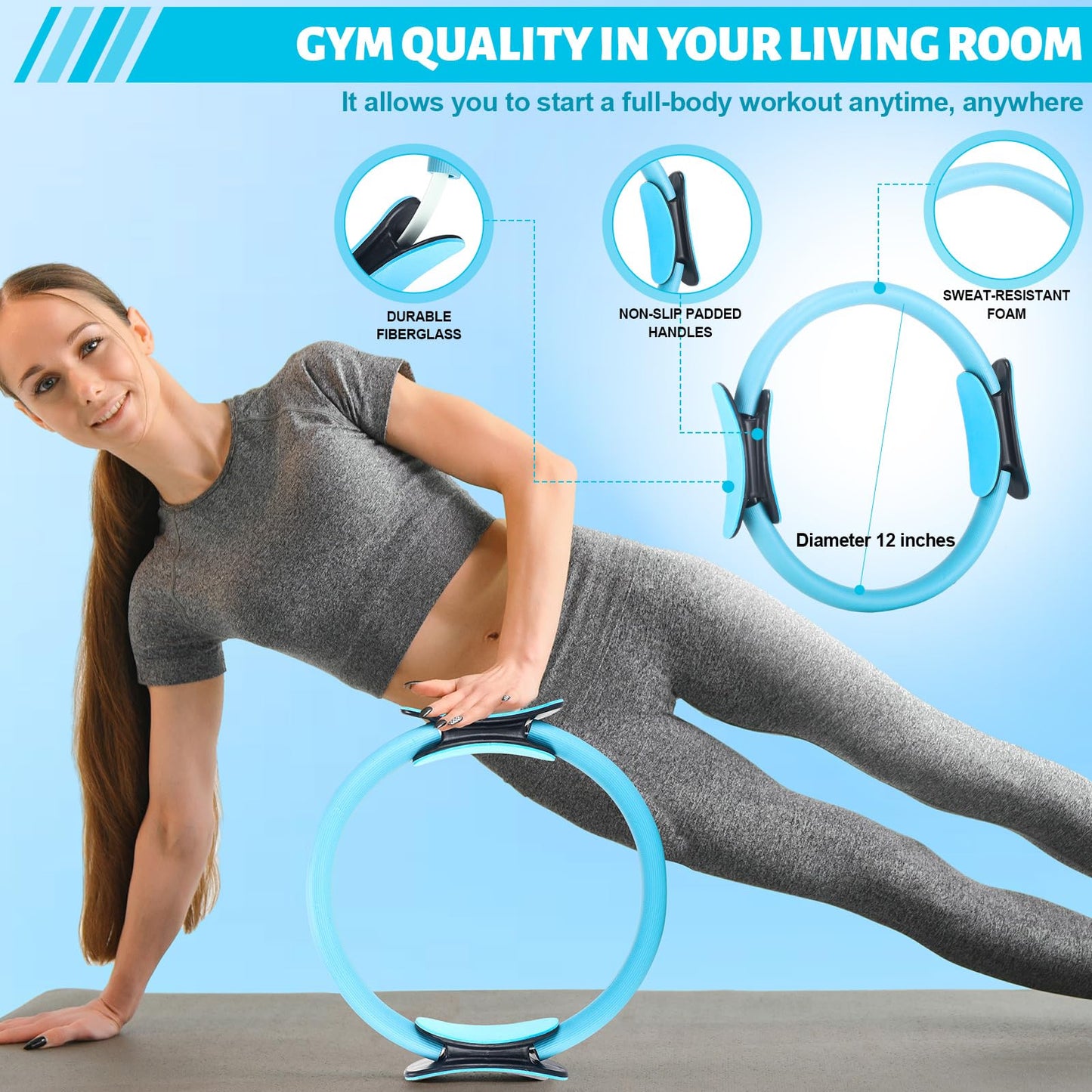 RoundFunny Pilates Ring Circle Set 18 Pcs Exercise Equipment Accessories for Women Workouts Pilates Ball Stretching Strap Magic Circle Yoga Ring Gym Back Bag Resistance Band Anti Slip Socks (Blue)