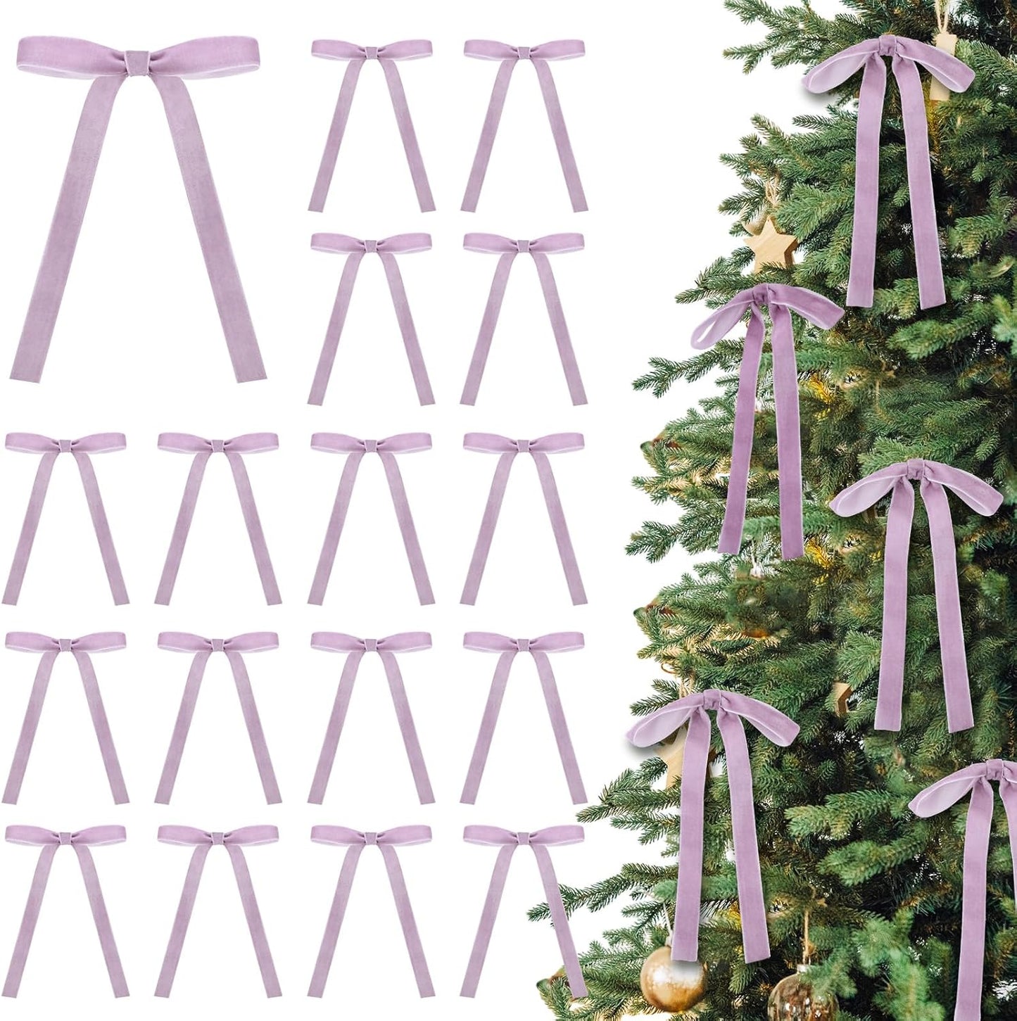 Skiennix 24 Pcs Velvet Bows - Vintage Ribbon Bows for Christmas Tree & Crafts | Light Purple, 5 x 7 Inch