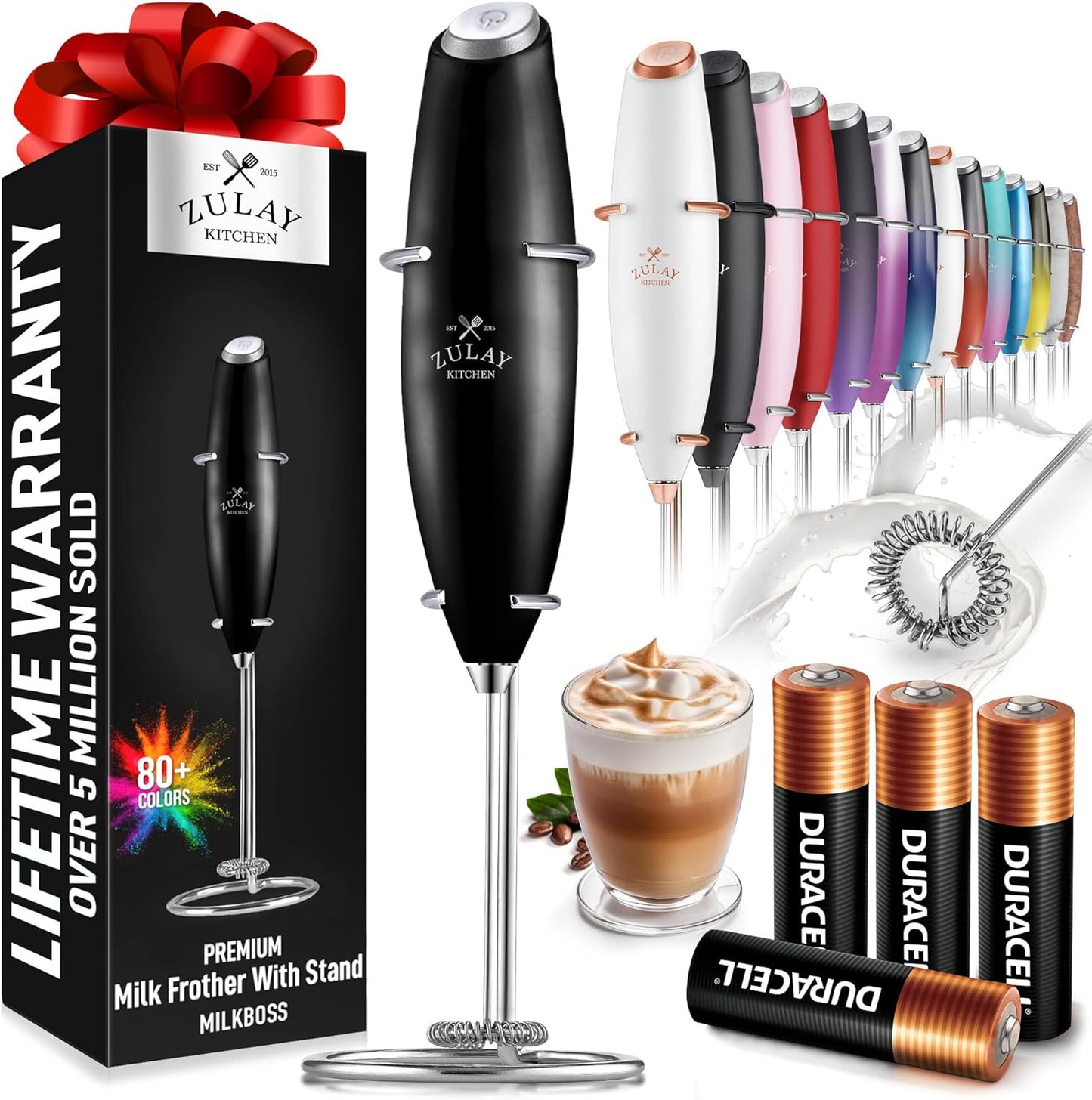 Zulay Kitchen Milk Frother Wand - Ultra-Fast Handheld Electric Whisk for Coffee & Lattes - Metallic Black