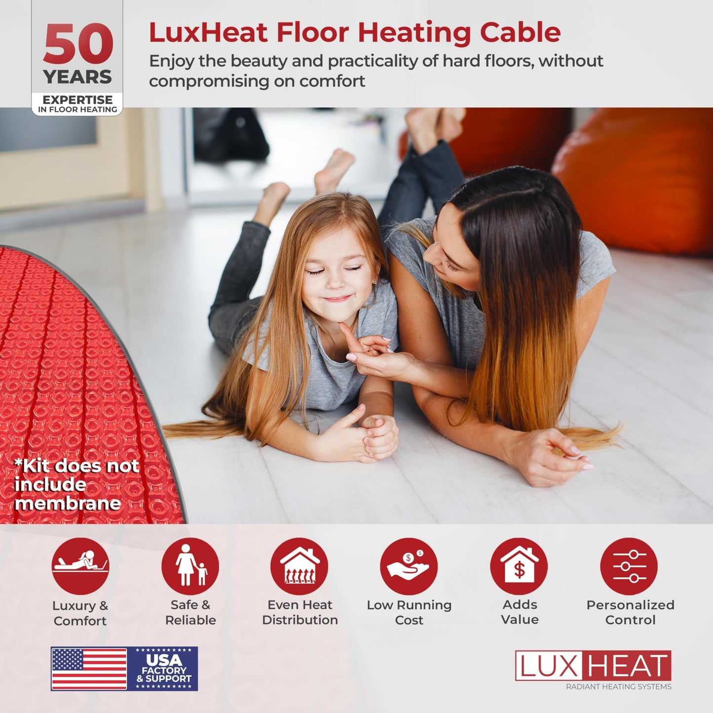 LuxHeat 130sqft Floor Heating Cable Kit - 120v Heated Bathroom Floor Kit - Heated Flooring System Includes UWG4 WiFi Programmable Thermostat w/GFCI, Heating Cable, Alarm & Flooring Sensor