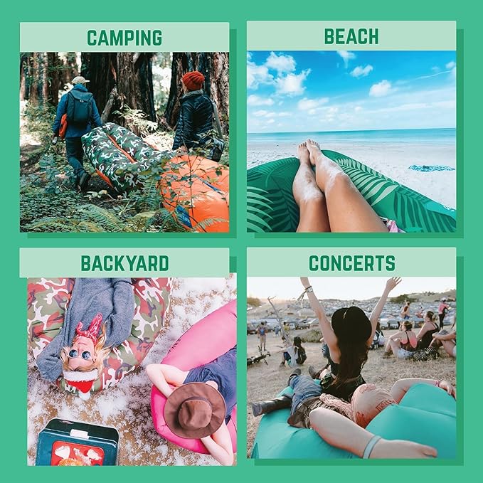 Chillbo Shwaggins Inflatable Couch – No-Pump Setup, Ripstop Polyester, Stability Pegs, Fun Prints, Portable Air Lounger for Beach, Camping, Festivals, and Tailgating - Green Wave