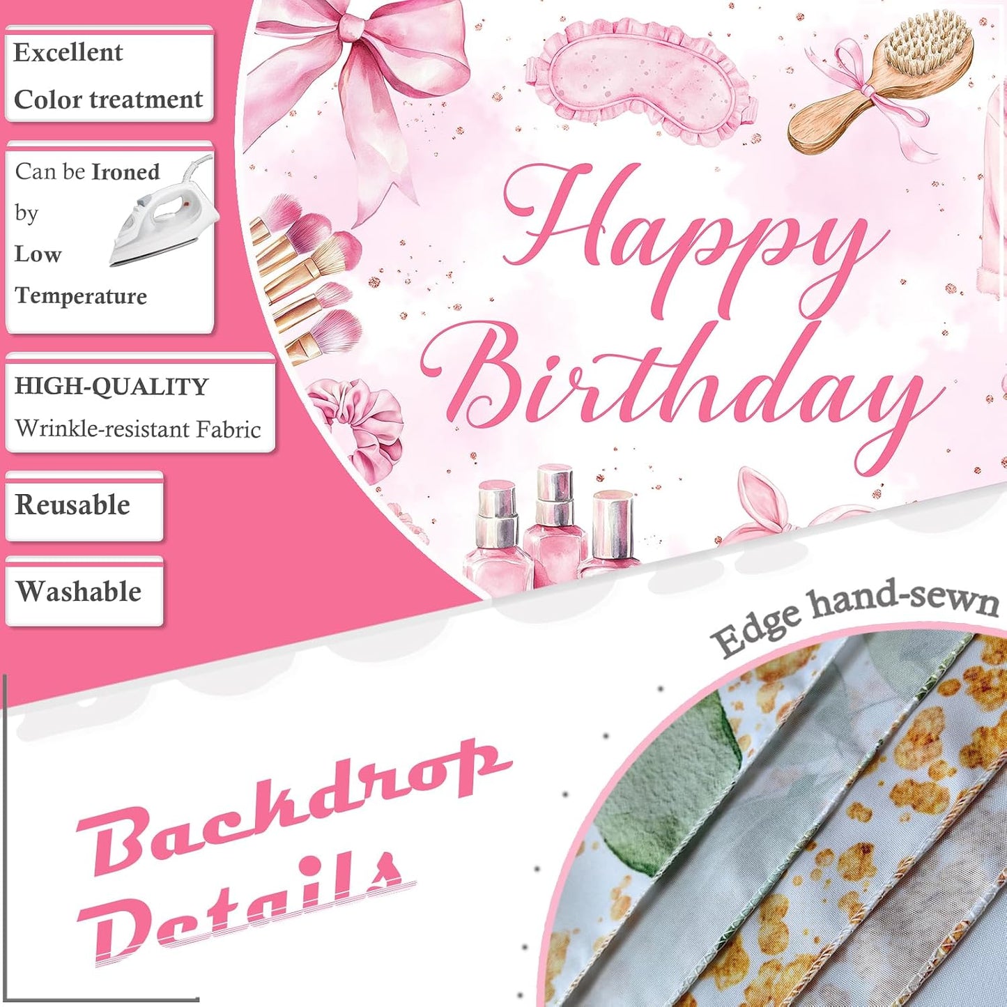 Bcuuipo 7x5ft Spa Party Happy Birthday Backdrop Pink Beauty Makeup Slumber Pajama Sleepover Background for Girls
