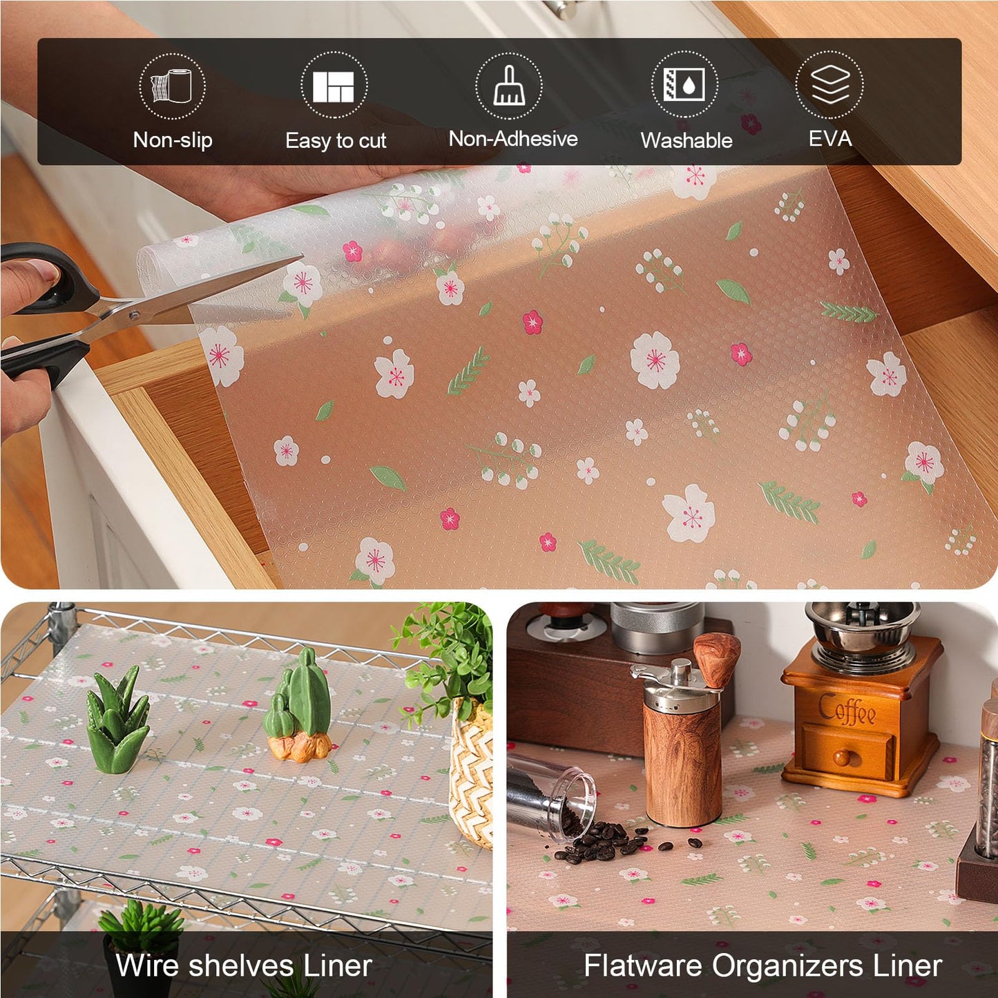 Cooyes Shelf Liner – Premium Non-Adhesive Cabinet & Drawer Liner for Kitchen – Waterproof Shelf Paper with Modern Pattern – Durable EVA Cabinet Mat – Easy to Cut （11.8" W x 120" L）