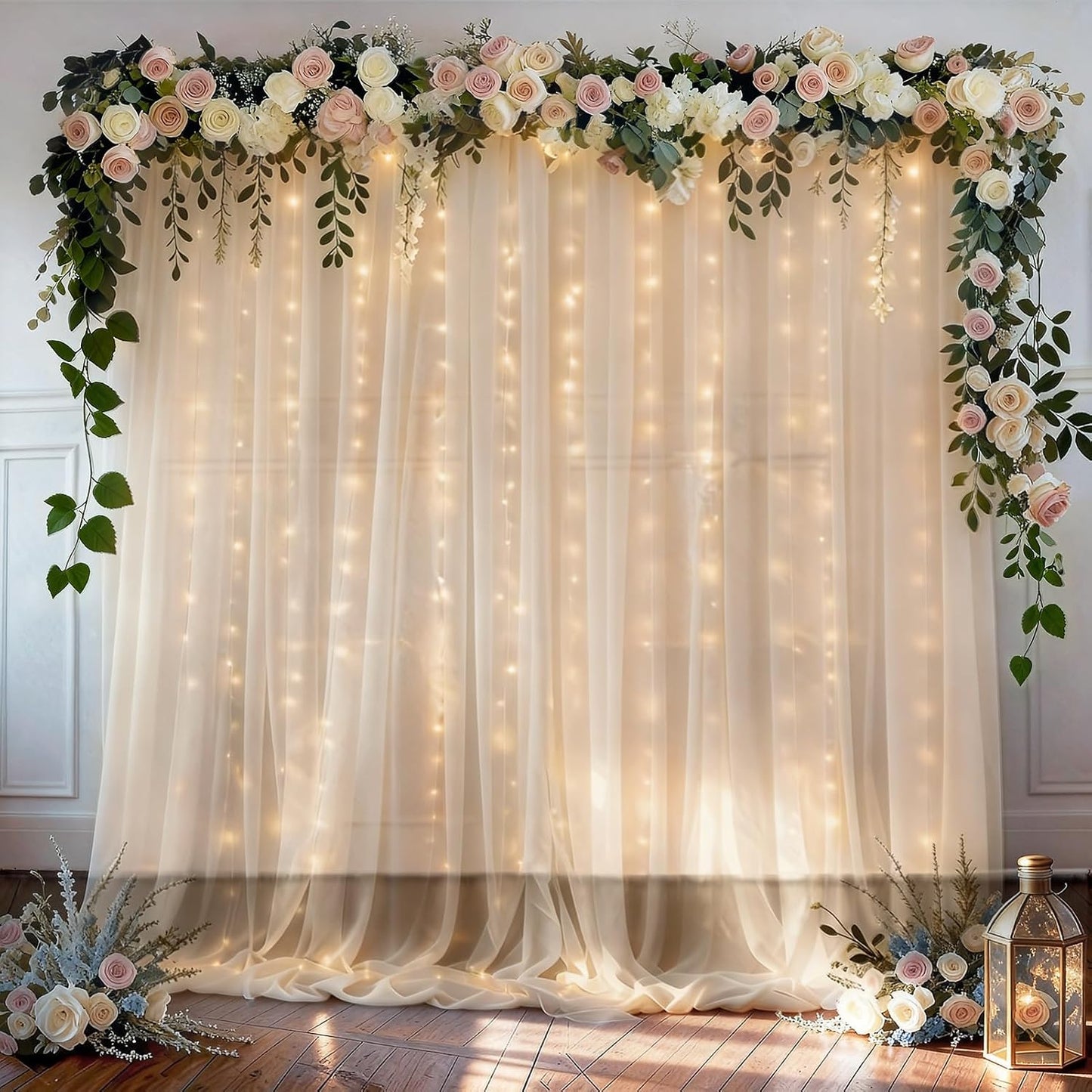 EMART 10x10ft Champagne Tulle Backdrop Curtains with Lights String,Sheer Backdrop Curtains for Wedding, Baby