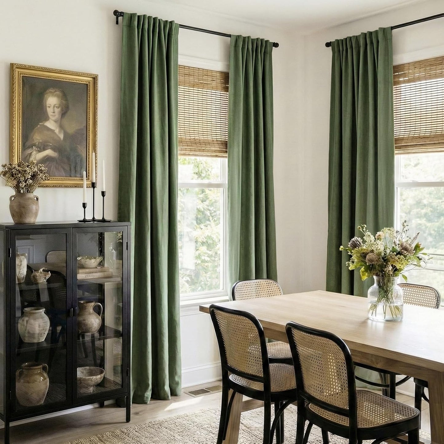 Skiennix 100% Blackout Olive Green Linen Curtains - Thermal Insulated Drapes, 2 Panels Set, 50" W x 96" L