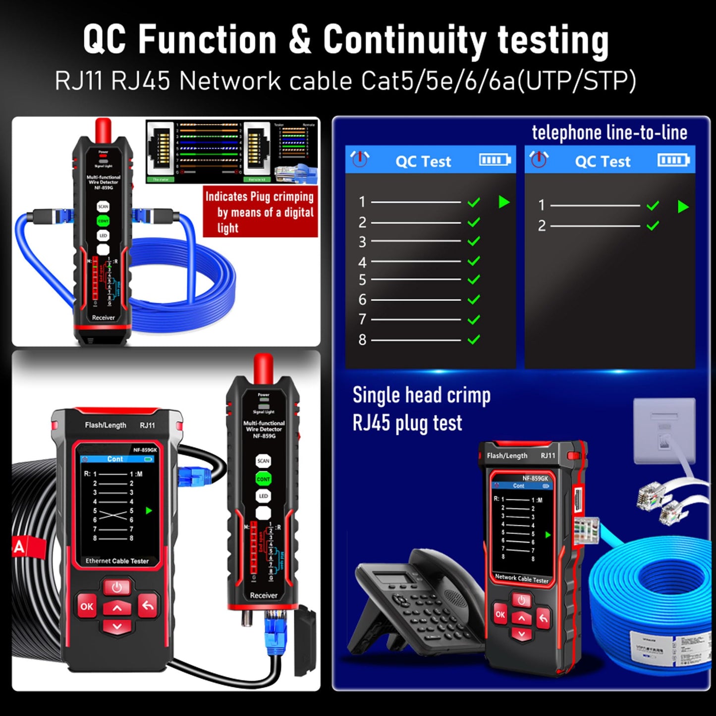 NF-859GK Network Cable Tester TDR Multi-Function with lP Scan CAT5 CAT6 CAT7 PING/POE/RJ45 RJ11 Cable TonerTester for Phone Lines CAT3, Ethernet,Wire Tracer LAN Network Tool Fiber Optic Continuity