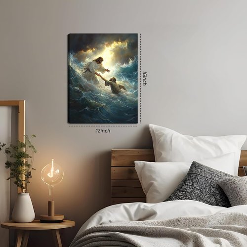 Jesus Wall Art by KFYMP - Inspiring Canvas Print of Jesus Rescuing Peter - 12x16 Inch Christian Decor