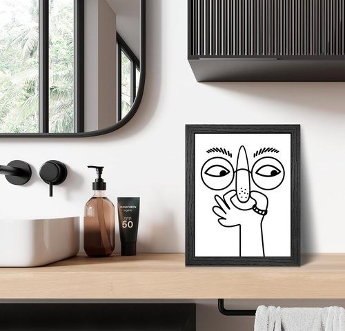 Funny Bathroom Wall Art | Black and White Humorous Canvas Print - 8x10 Inch Framed Decor
