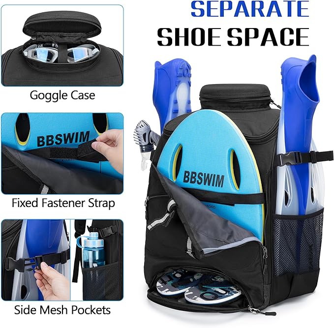 Swim Backpack for Swimmers, Swim Equipment Bag with Additional PVC Transparent Bag for Workout Gear, Swimming Backpack for Swimming, Pool, Beach and Gym, Black