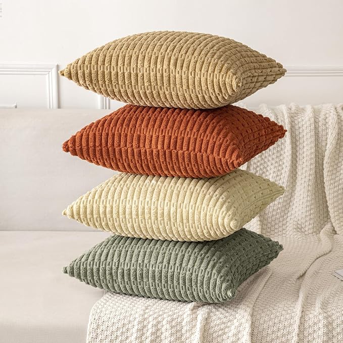 MIULEE Pack of 2 Corduroy Decorative Throw Pillow Covers 20x20 Inch Soft Boho Striped Pillow Covers Modern Farmhouse Home Decor for Summer Sofa Living Room Couch Bed Light Olive Green
