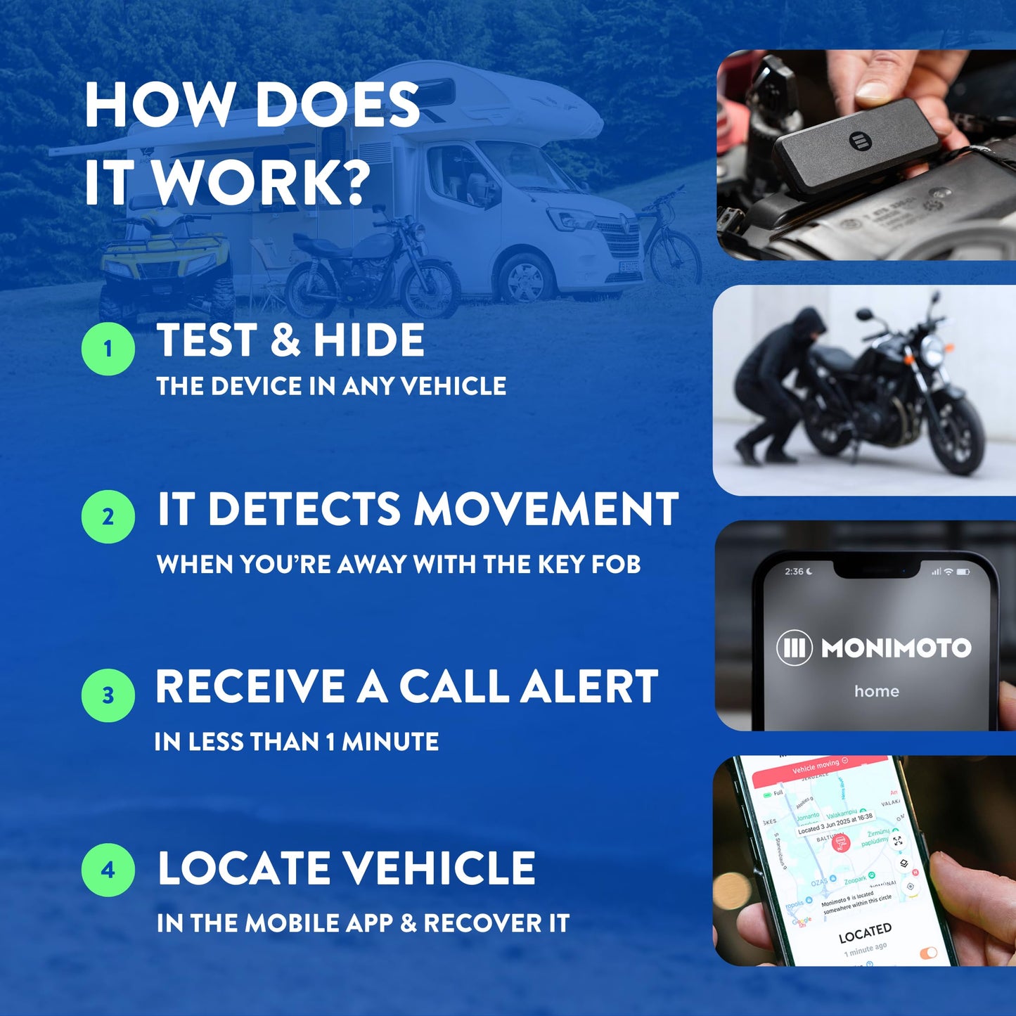 Monimoto 9 US Version Anti-Theft GPS Tracker for Vehicles - Wireless Alarm, Waterproof and Dustproof Build, Phone Call Alerts and DIY Installation - Smart Motorcycle GPS Tracker, Boats, ATVs