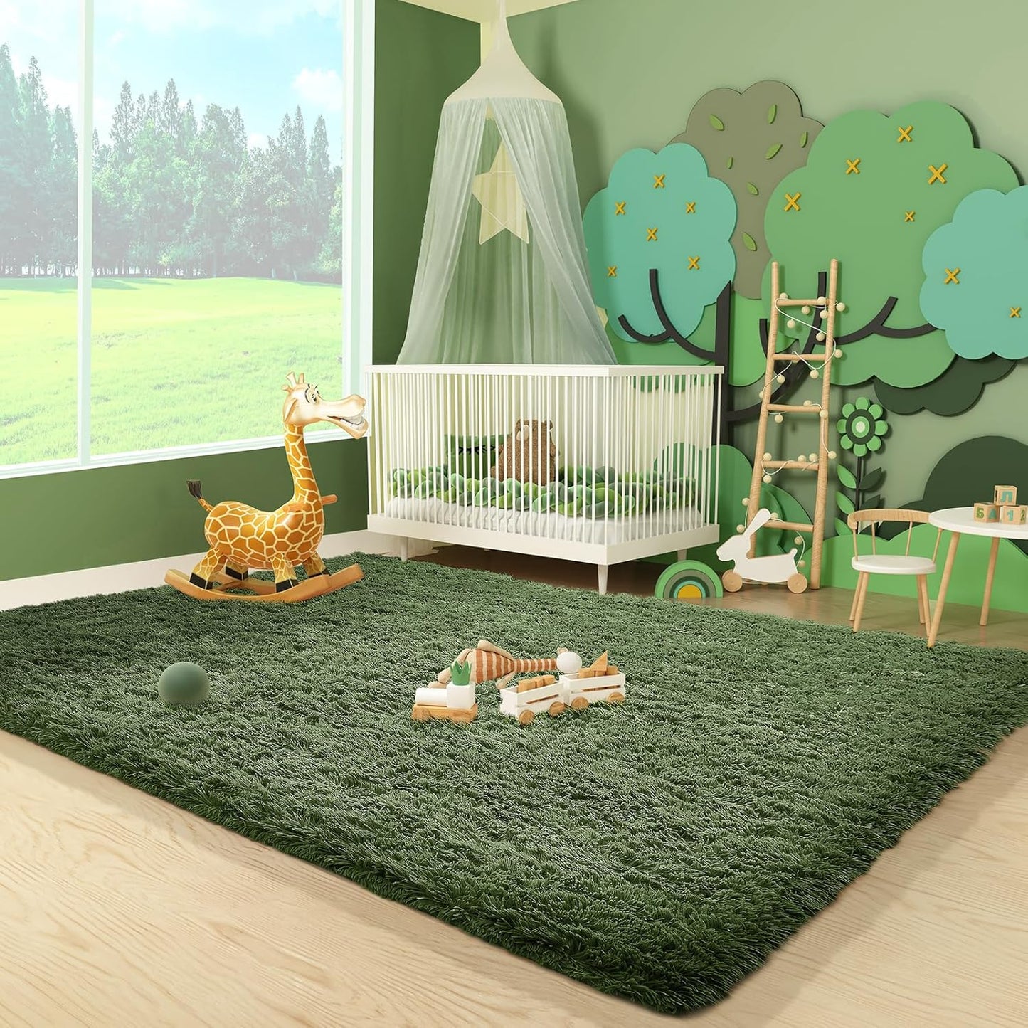 Ophanie Gray Green Grass Area Rug - Soft Fluffy Shag Carpet for Bedroom | 3x5 Cute Kids Nursery Decor
