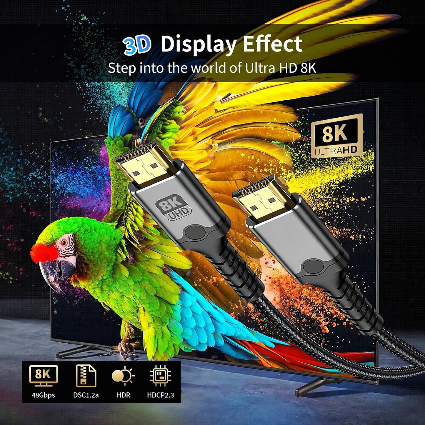 DERSUR 8K 2.1 48Gbps 1.6FT, Cord-4K@120Hz, 8K@60Hz,eARC, PS3,Computer,HDTV,DVD,Projector HDMI Cable Short Ultra High