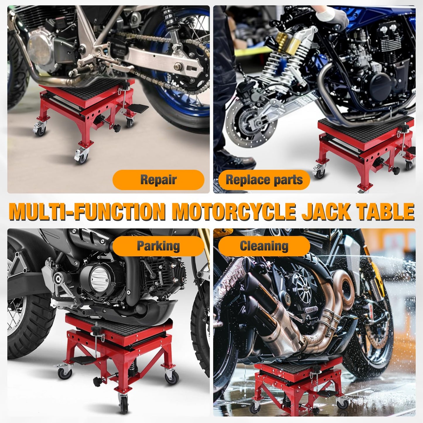 Nilight Motorcycle Lift Table Jack 300 LBS Heavy Duty Hydraulic Motorcycle Scissor Jack Lifts Table Foot Pedal with 4 Caster Wheels Wide Deck for Motorbike Dirt Bike ATV Garage Repair Tool, Red
