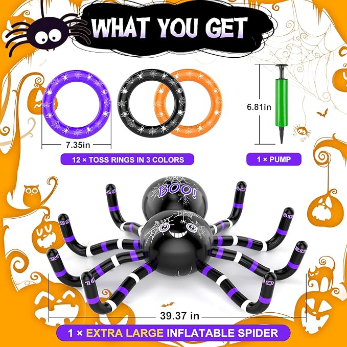 Halloween Ring Toss Games, 14PCS Inflatable Spider with Air Pump 12 Toss Rings for Halloween Party Games Super Fun Game Activities for Kids Adults Indoor Outdoor